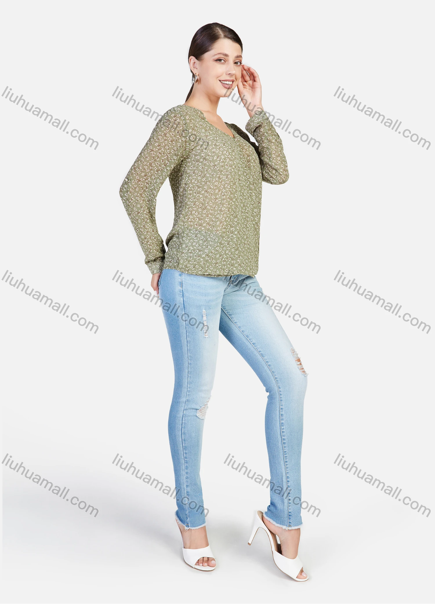 Wholesale Women's Ditsy Floral V Neck Cuffed Sleeve Keyhole Casual Blouse - Liuhuamall