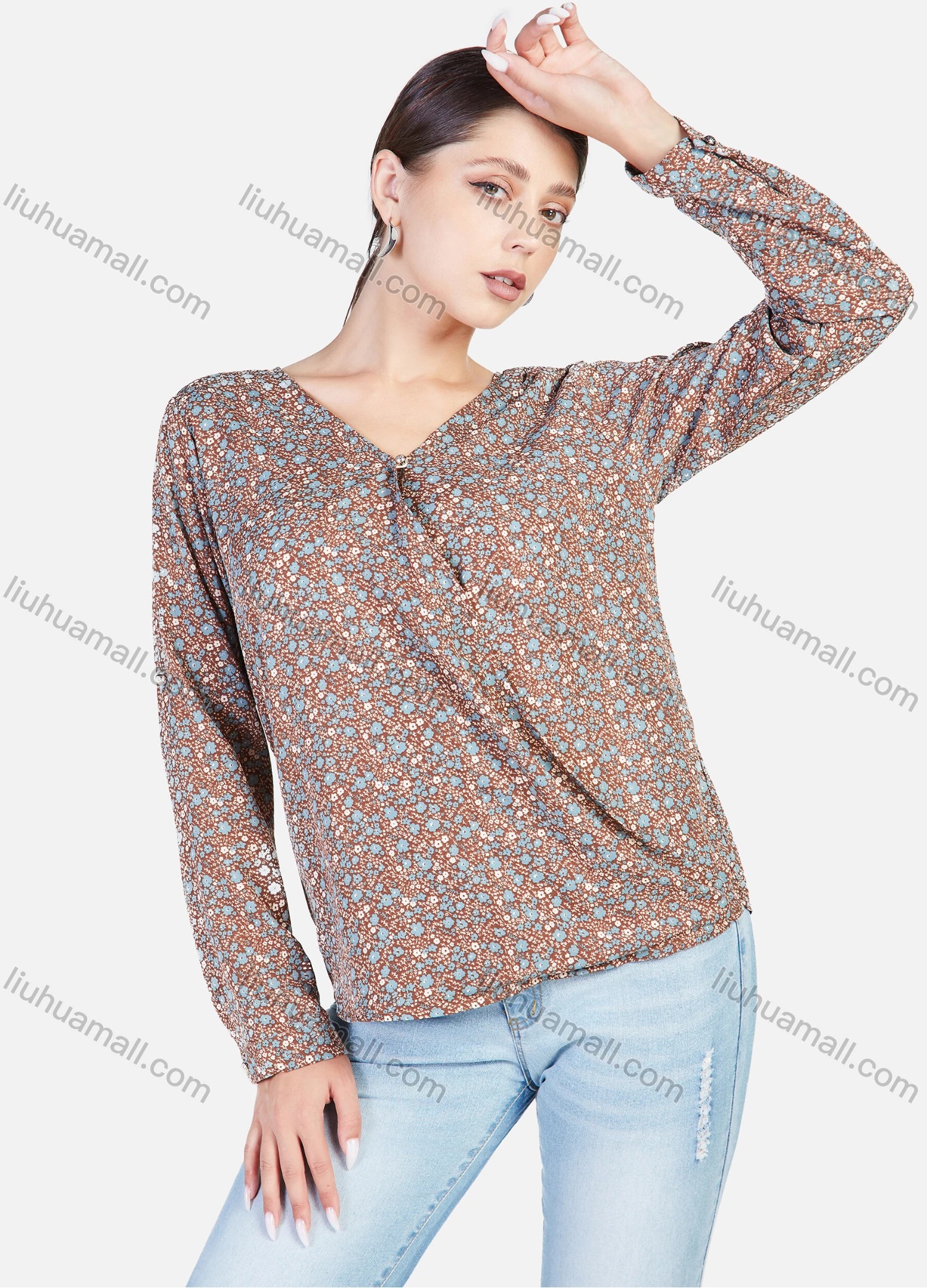 Wholesale Women's Ditsy Floral V Neck Cuffed Sleeve Keyhole Casual Blouse - Liuhuamall