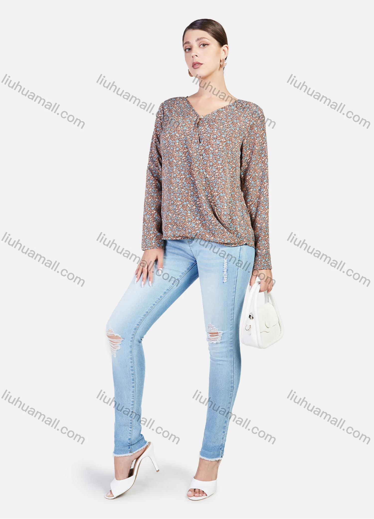 Wholesale Women's Ditsy Floral V Neck Cuffed Sleeve Keyhole Casual Blouse - Liuhuamall