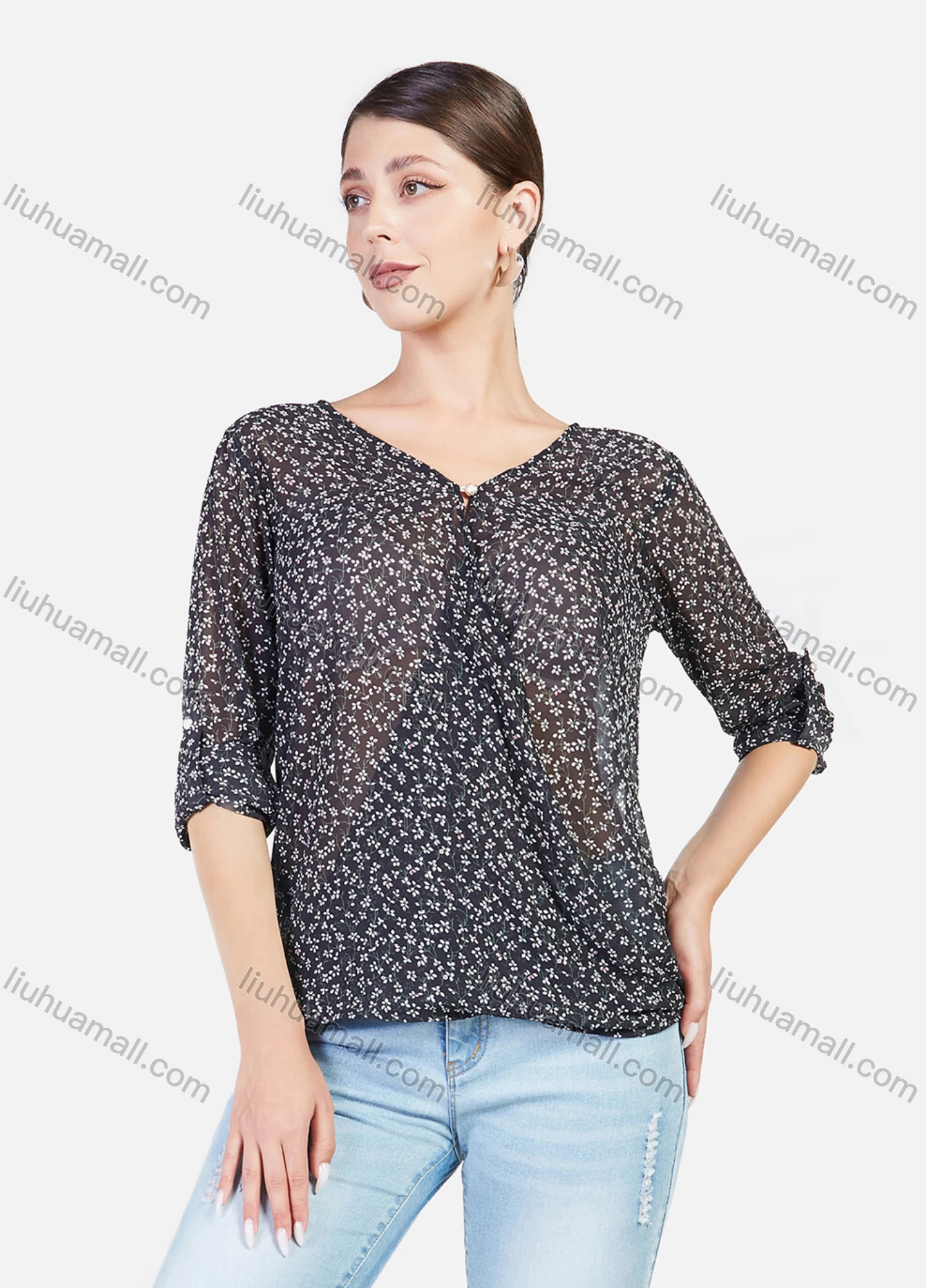 Wholesale Women's Ditsy Floral V Neck Cuffed Sleeve Keyhole Transparent Blouse - Liuhuamall