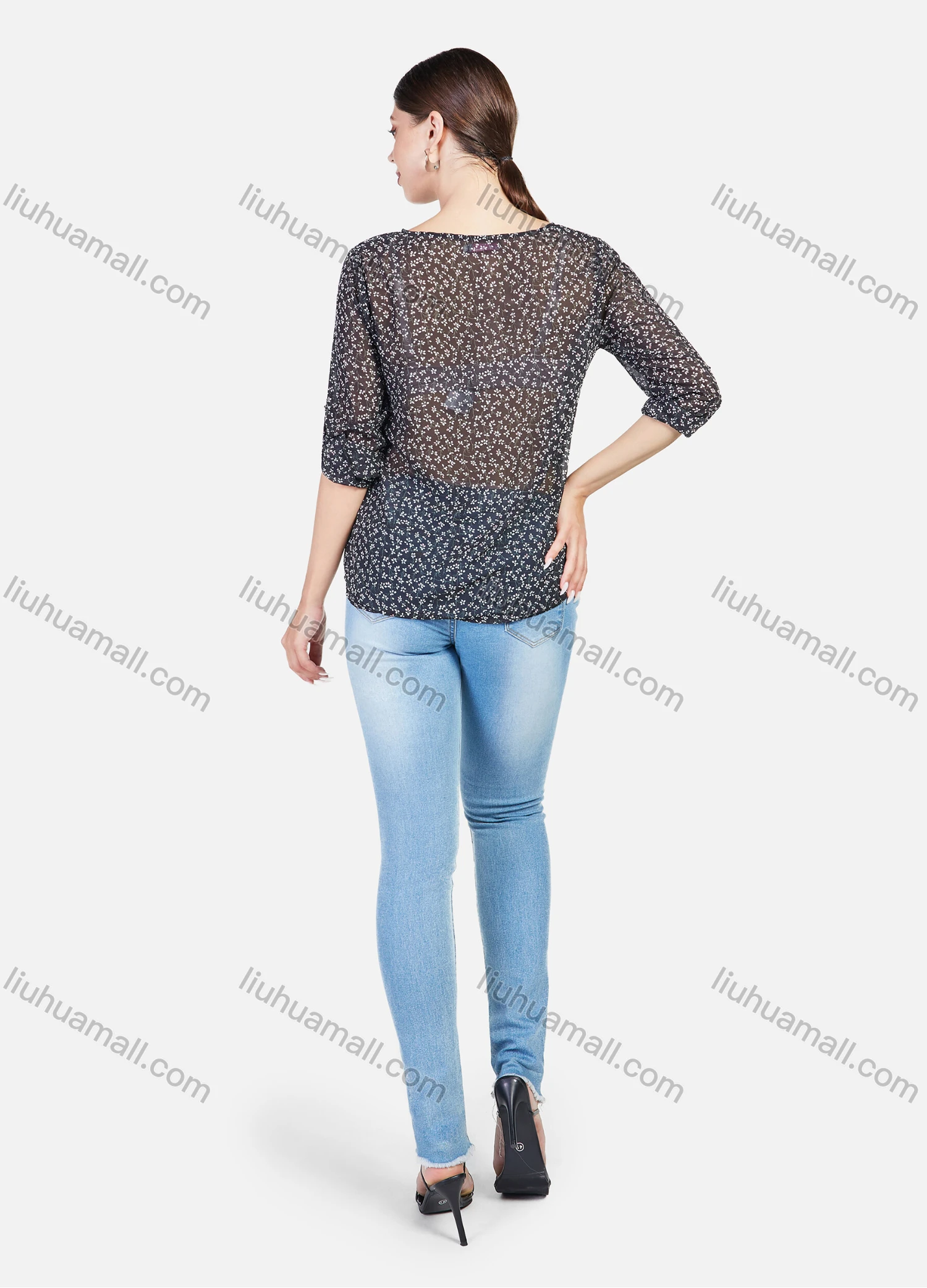 Wholesale Women's Ditsy Floral V Neck Cuffed Sleeve Keyhole Transparent Blouse - Liuhuamall