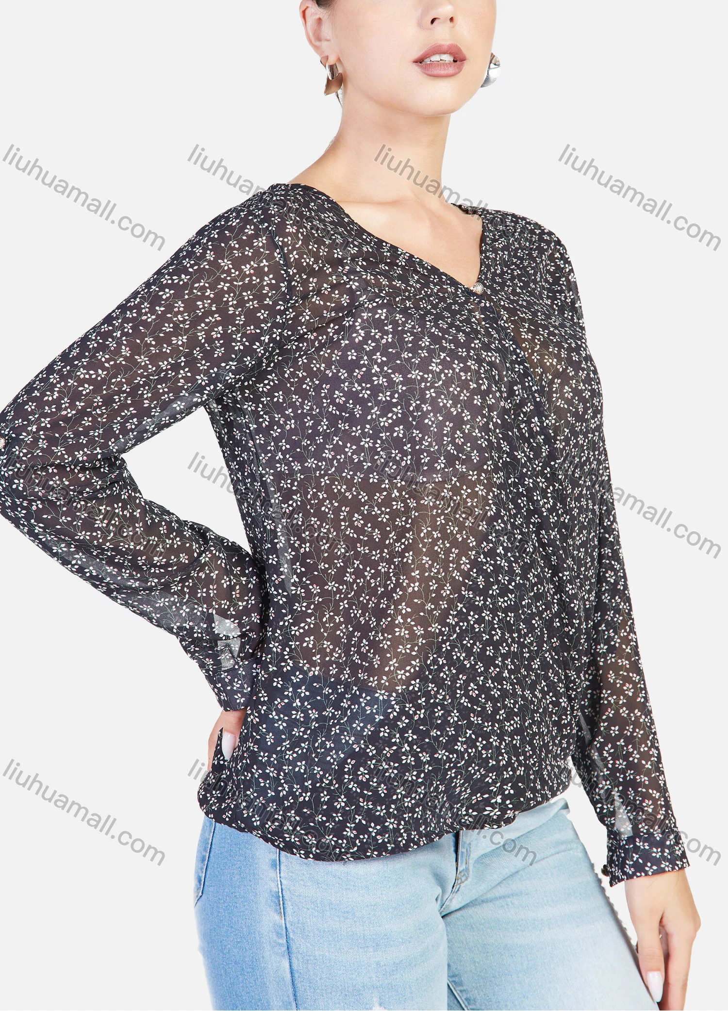 Wholesale Women's Ditsy Floral V Neck Cuffed Sleeve Keyhole Transparent Blouse - Liuhuamall