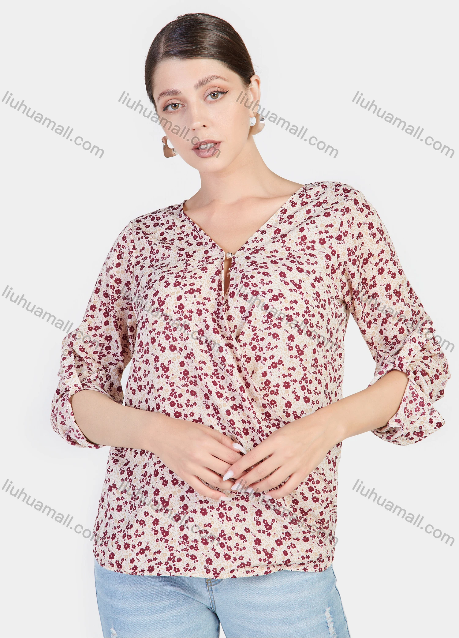 Wholesale Women's Ditsy Floral V Neck Cuffed Sleeve Keyhole Casual Blouse - Liuhuamall