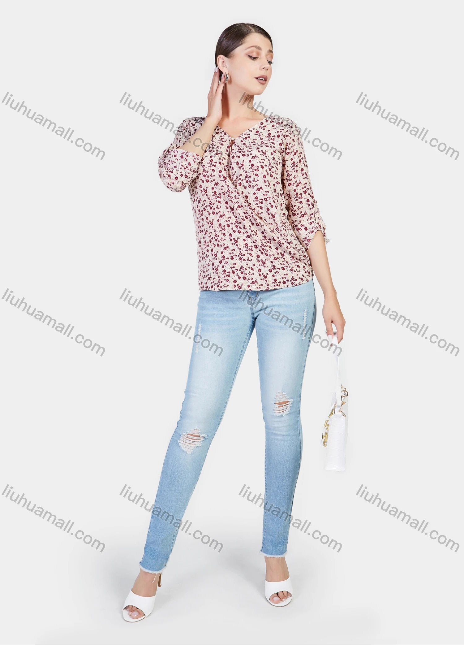 Wholesale Women's Ditsy Floral V Neck Cuffed Sleeve Keyhole Casual Blouse - Liuhuamall