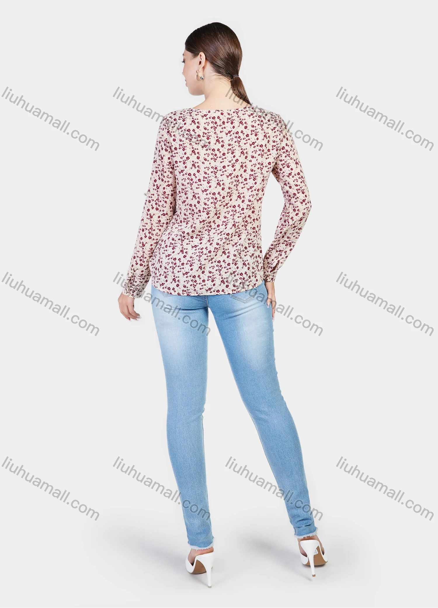 Wholesale Women's Ditsy Floral V Neck Cuffed Sleeve Keyhole Casual Blouse - Liuhuamall