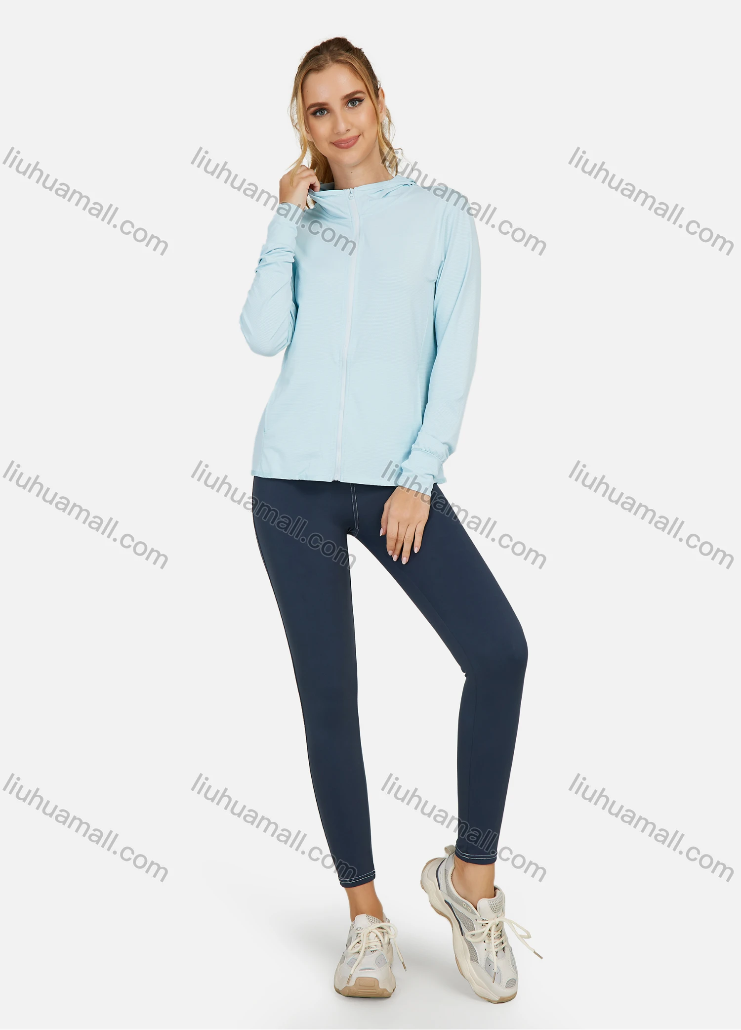 Wholesale Women's Hooded Plain Pockets Workout Sunscreen Lightweight Zip Up Jacket - Liuhuamall