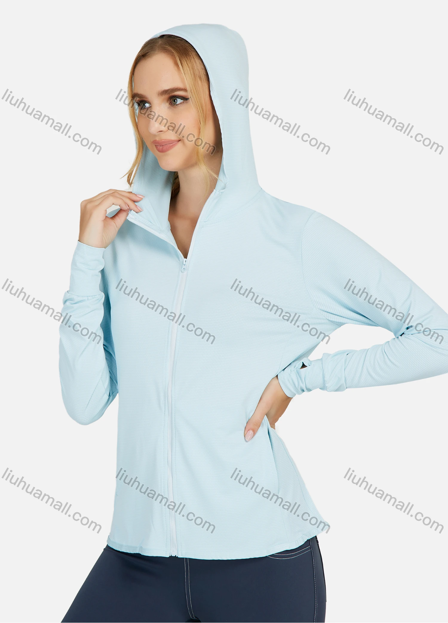 Wholesale Women's Hooded Plain Pockets Workout Sunscreen Lightweight Zip Up Jacket - Liuhuamall