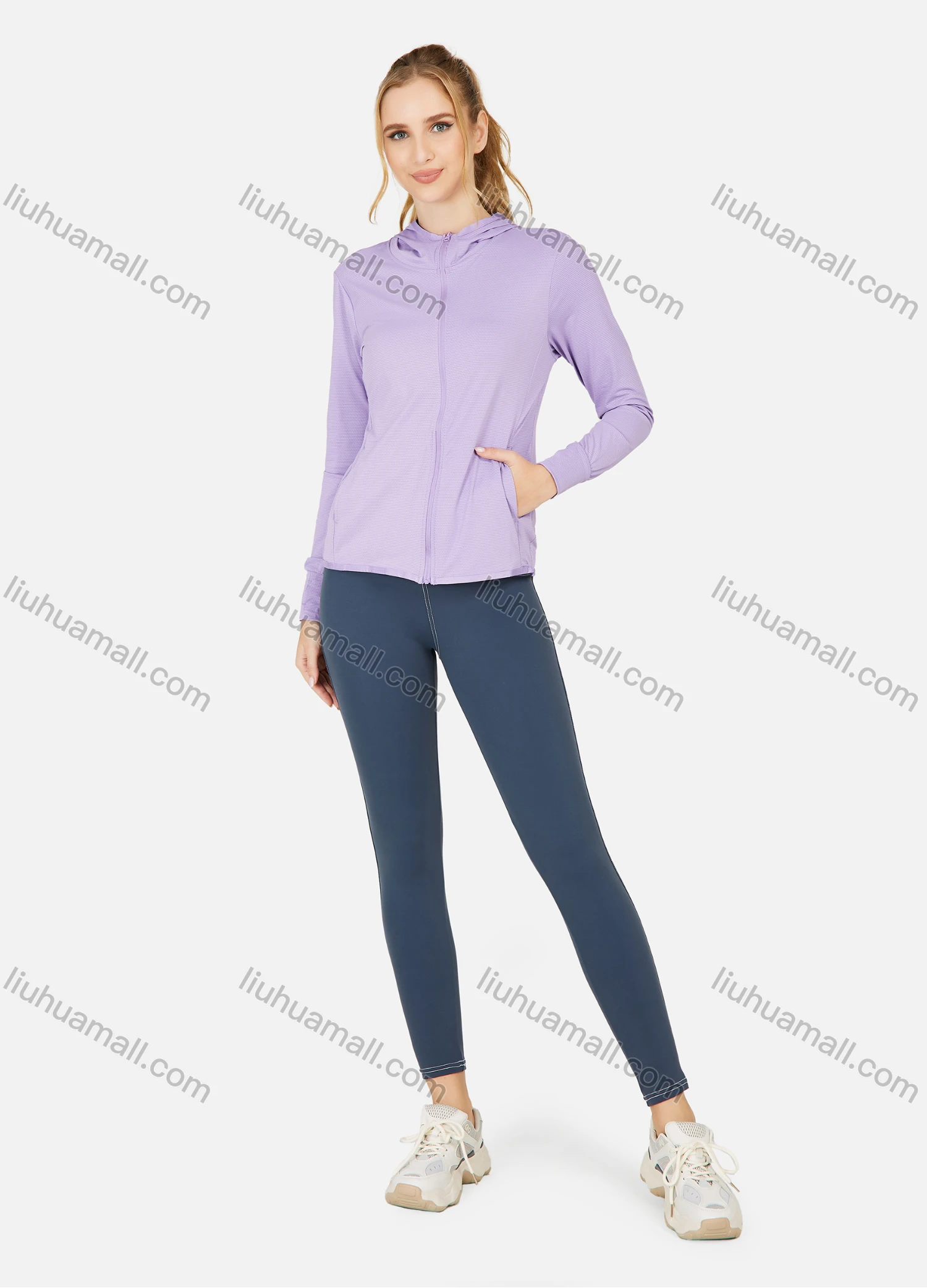 Wholesale Women's Hooded Plain Pockets Workout Sunscreen Lightweight Zip Up Jacket - Liuhuamall