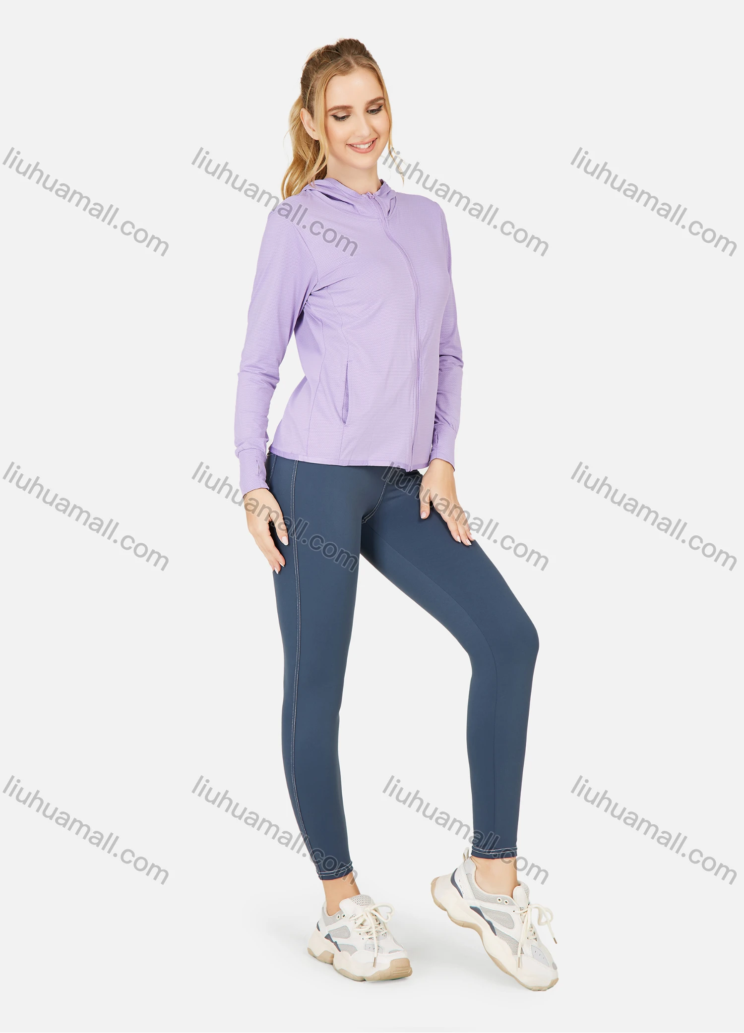 Wholesale Women's Hooded Plain Pockets Workout Sunscreen Lightweight Zip Up Jacket - Liuhuamall
