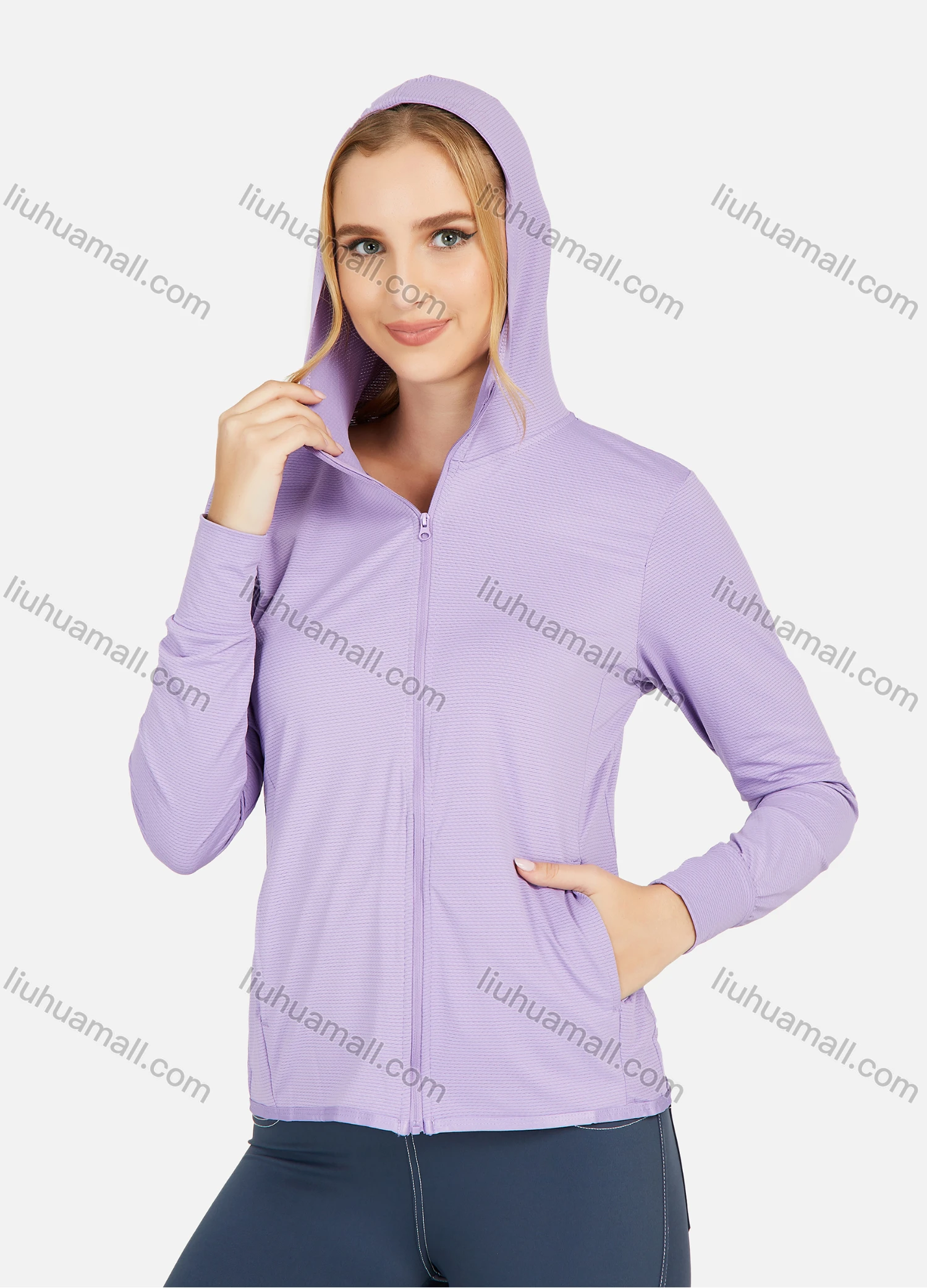 Wholesale Women's Hooded Plain Pockets Workout Sunscreen Lightweight Zip Up Jacket - Liuhuamall