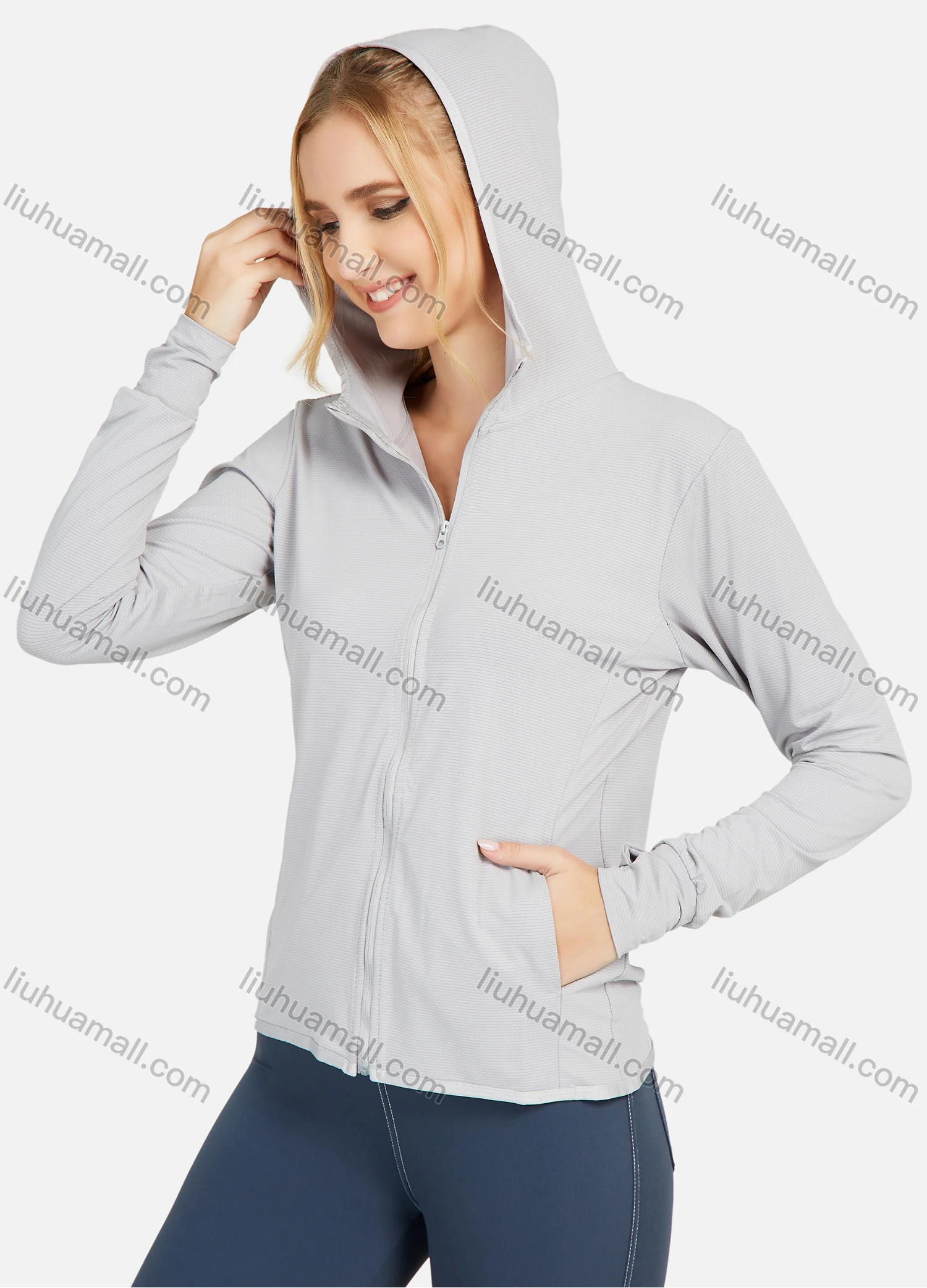 Wholesale Women's Hooded Plain Pockets Workout Sunscreen Lightweight Zip Up Jacket - Liuhuamall