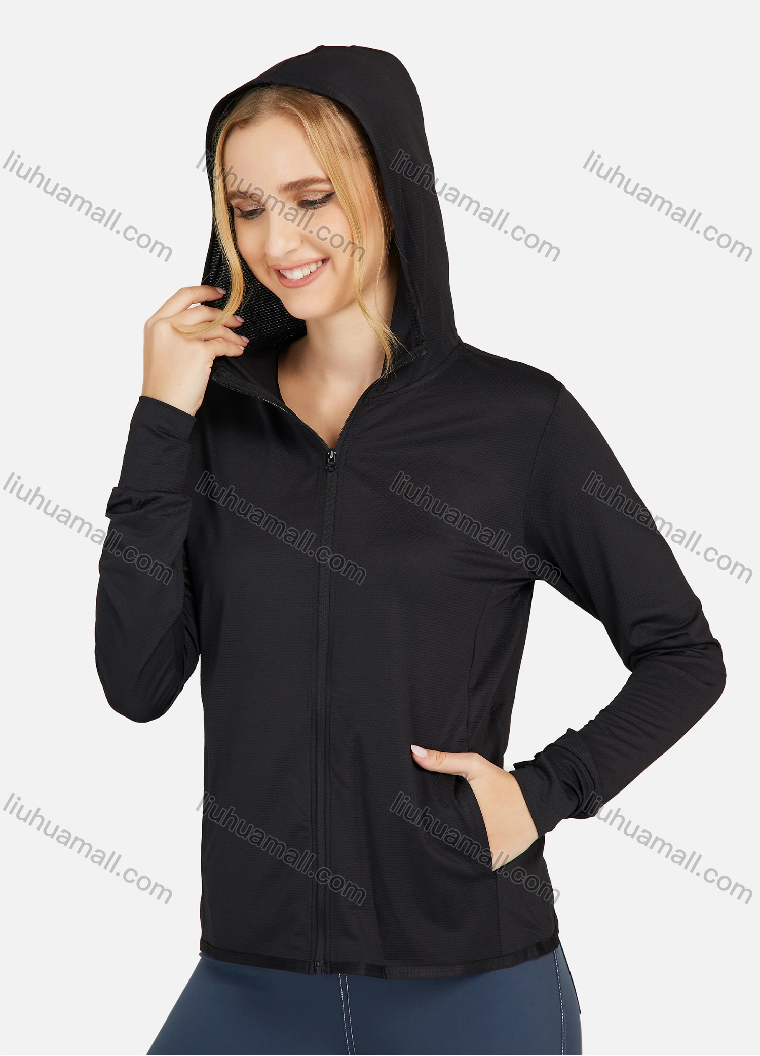 Wholesale Women's Hooded Plain Pockets Workout Sunscreen Lightweight Zip Up Jacket - Liuhuamall