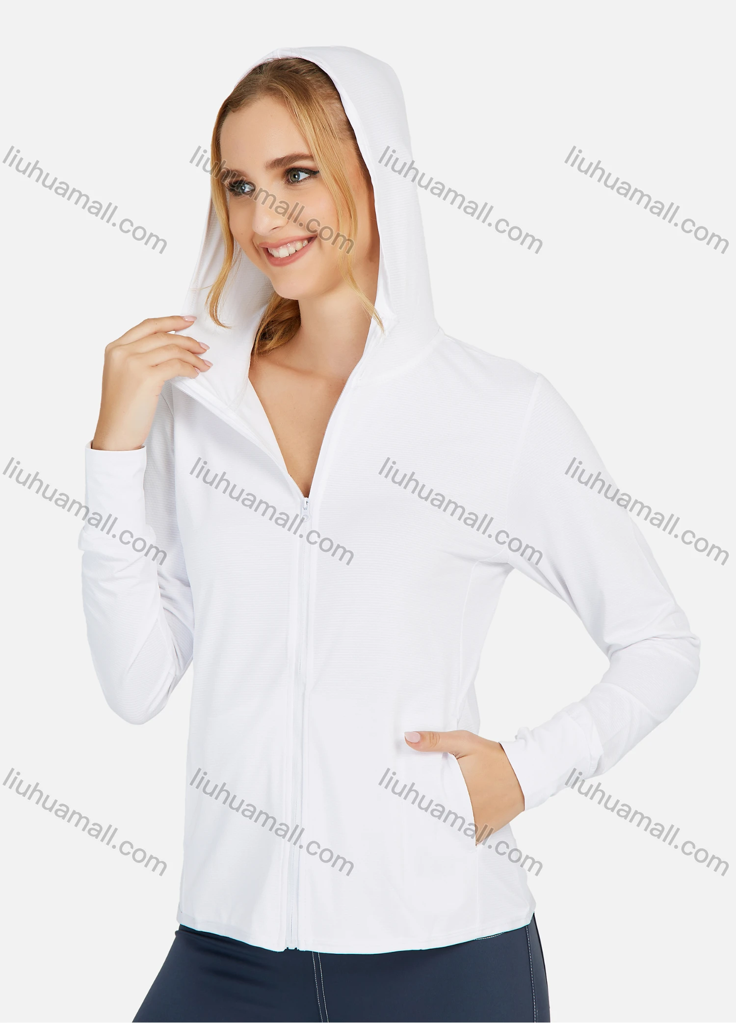 Wholesale Women's Hooded Plain Pockets Workout Sunscreen Lightweight Zip Up Jacket - Liuhuamall