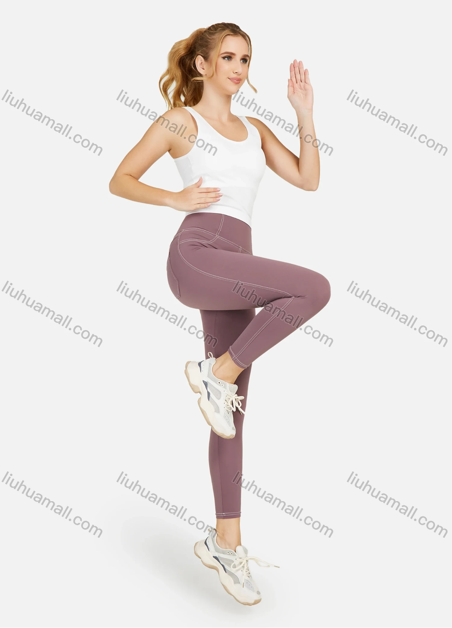 Wholesale Women's High Waist Elasticity Topstitch Sewing Sporty Leggings - Liuhuamall