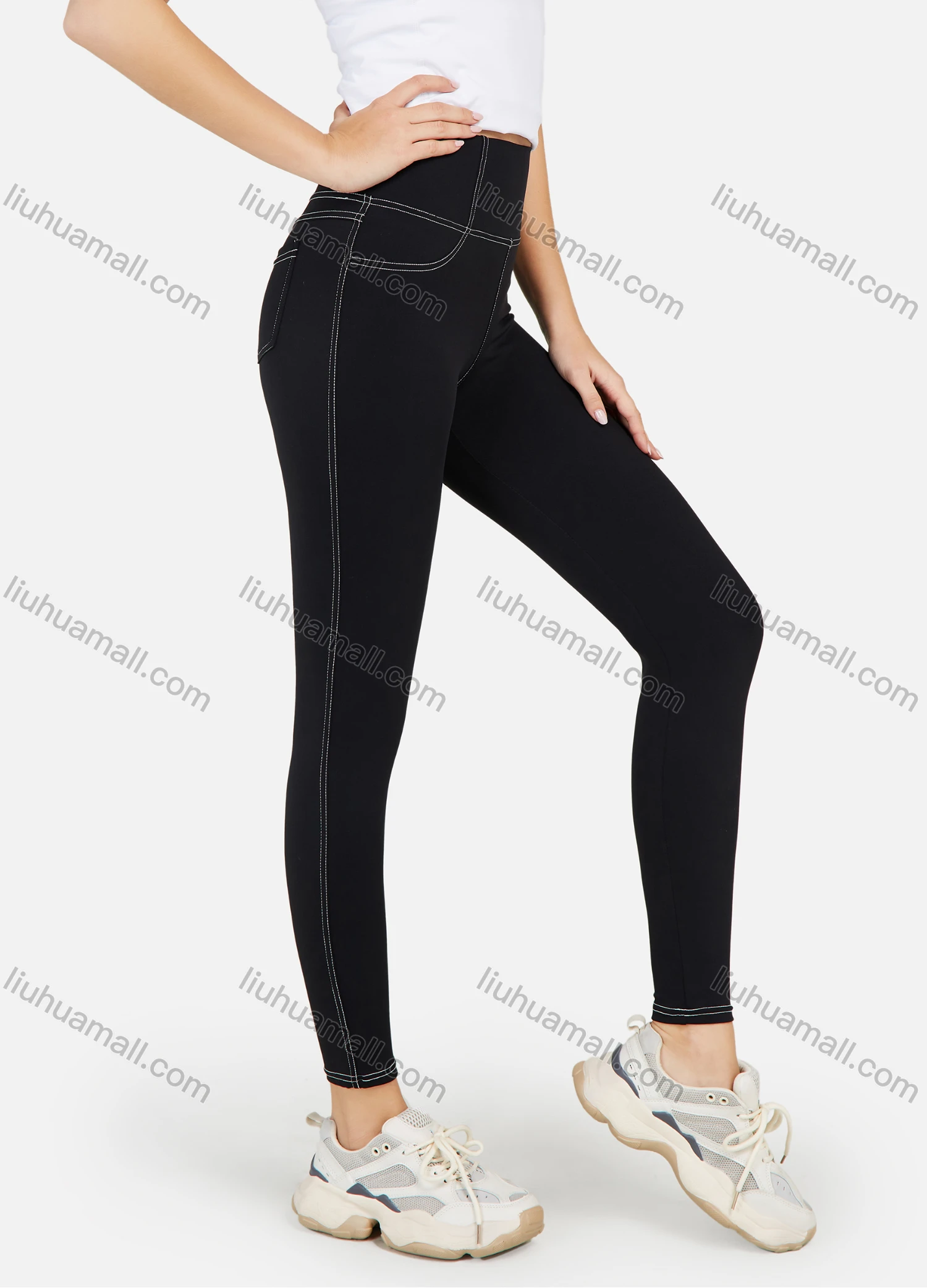 Wholesale Women's Topstitch Sewing High Waist Elasticity Sporty Leggings - Liuhuamall