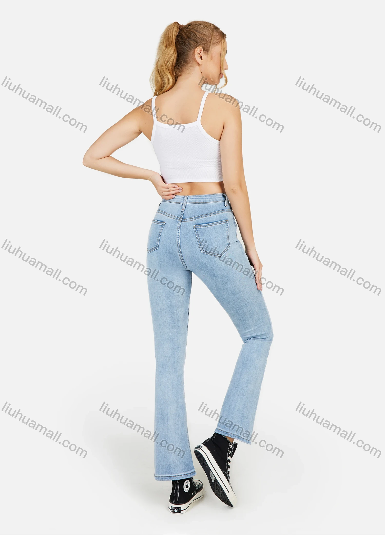 Wholesale Women's Plain High Waist Slant Pocket Flared Leg Casual Jeans - Liuhuamall