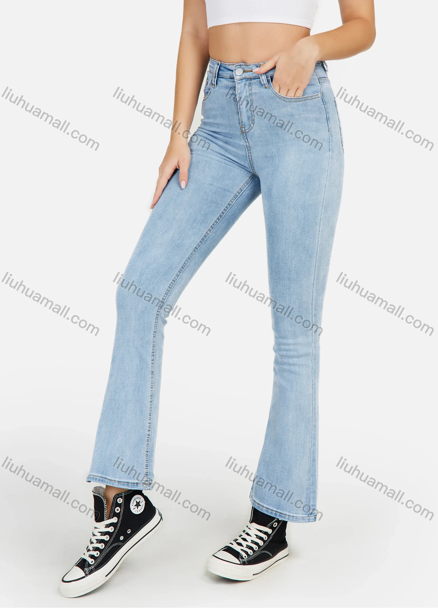Wholesale Women's Plain High Waist Slant Pocket Flared Leg Casual Jeans - Liuhuamall