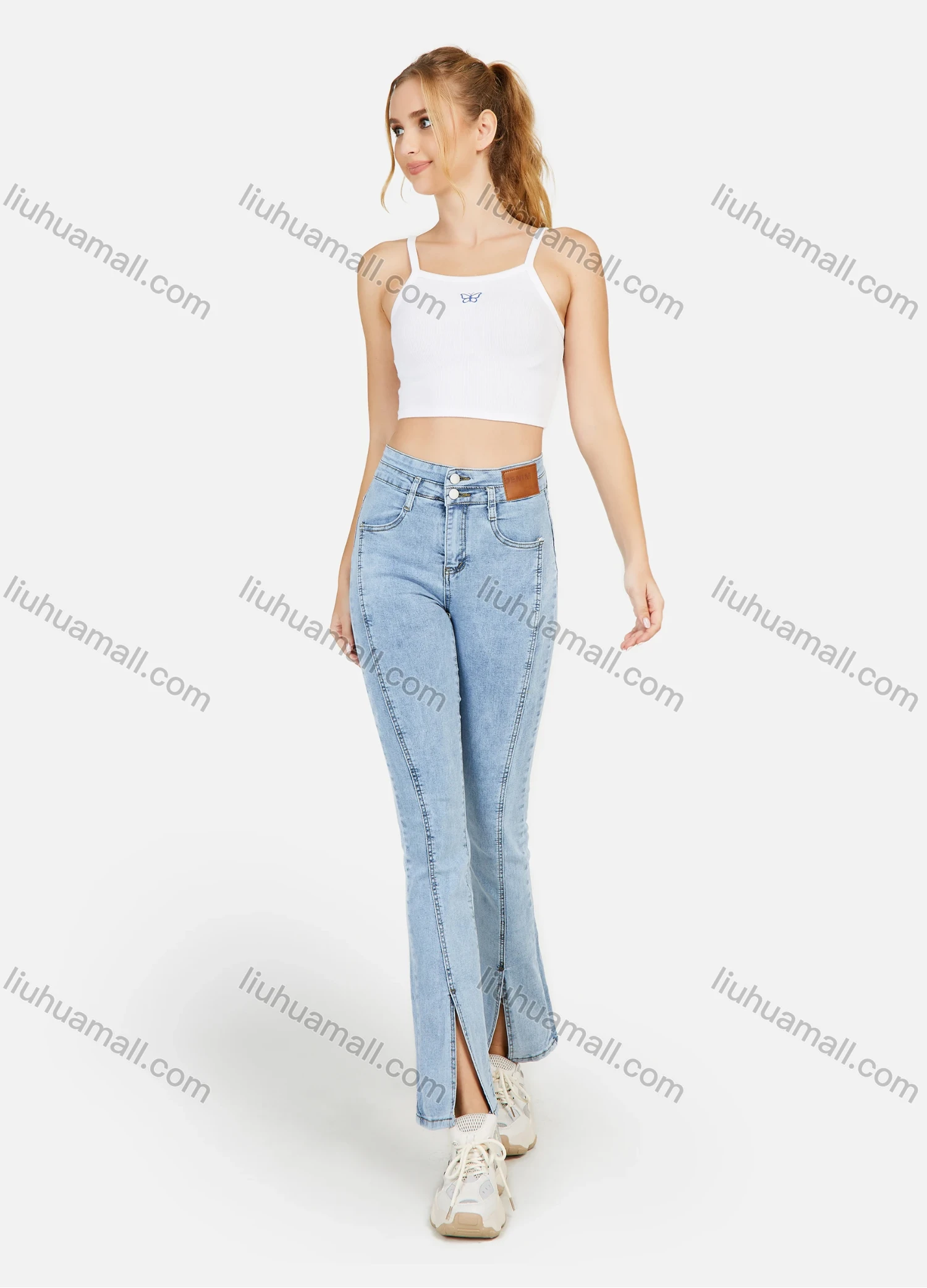 Wholesale Women's Plain High Waist Slant Pocket Front Slit Casual Jeans - Liuhuamall