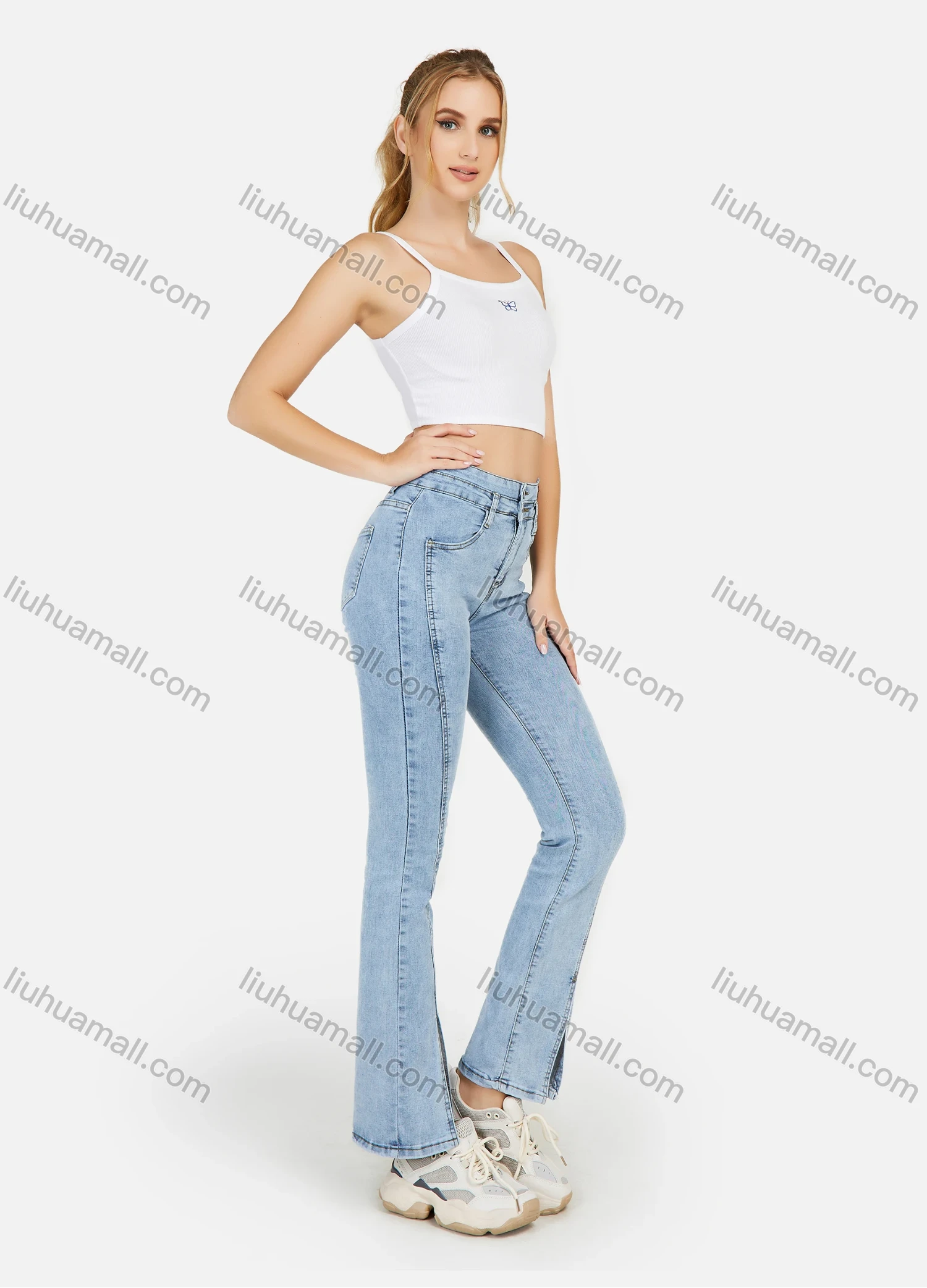 Wholesale Women's Plain High Waist Slant Pocket Front Slit Casual Jeans - Liuhuamall