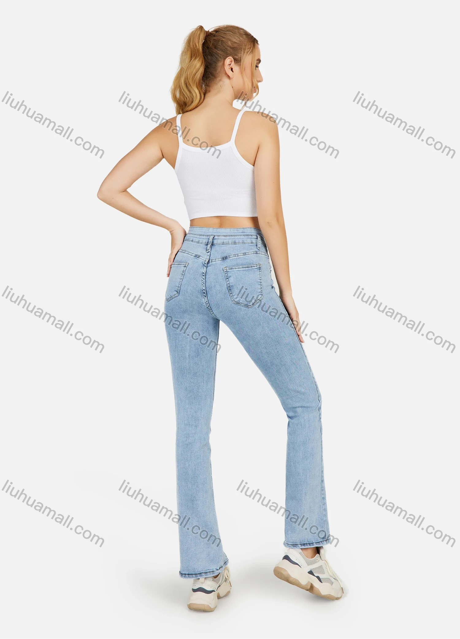 Wholesale Women's Plain High Waist Slant Pocket Front Slit Casual Jeans - Liuhuamall