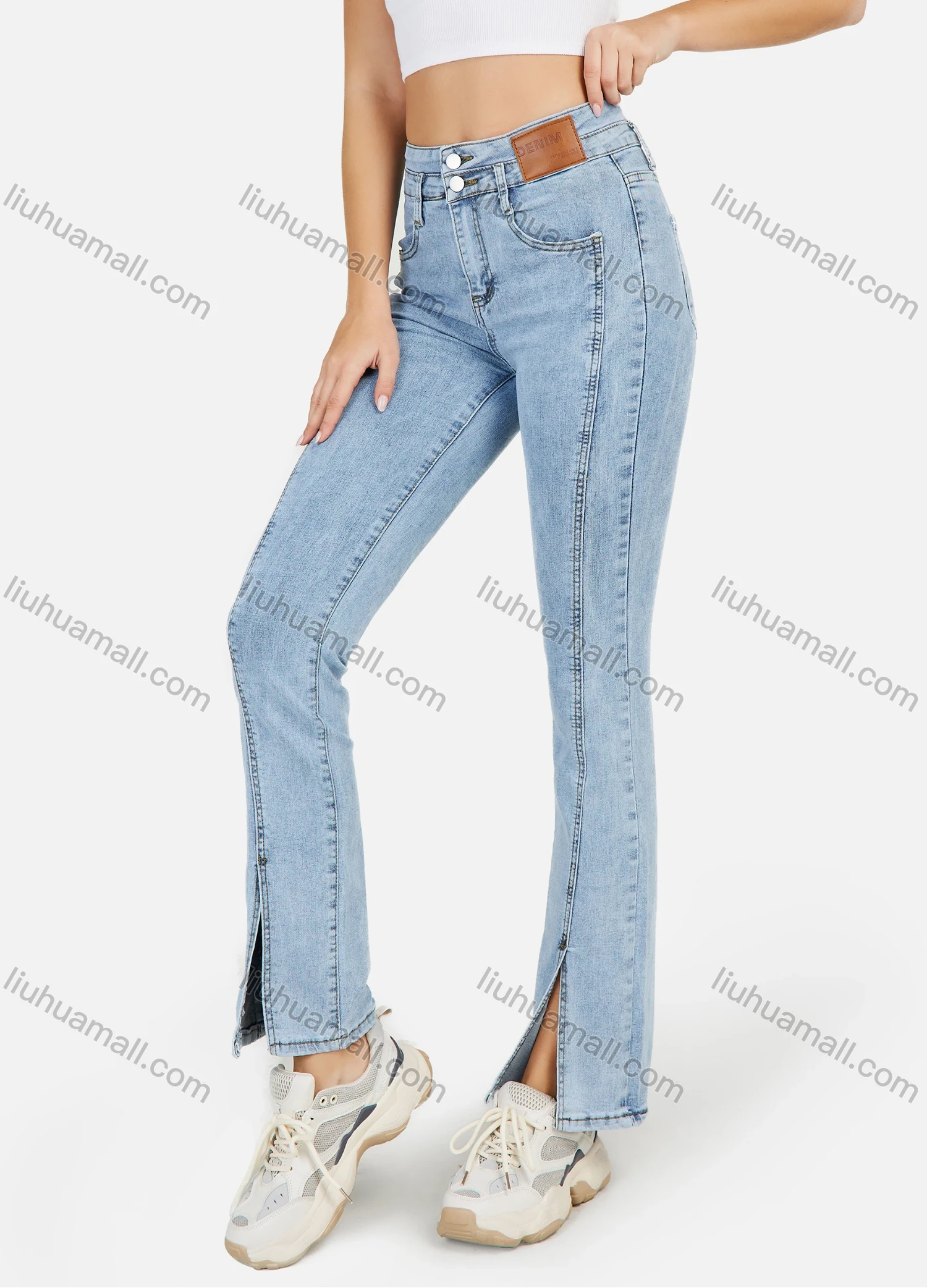 Wholesale Women's Plain High Waist Slant Pocket Front Slit Casual Jeans - Liuhuamall