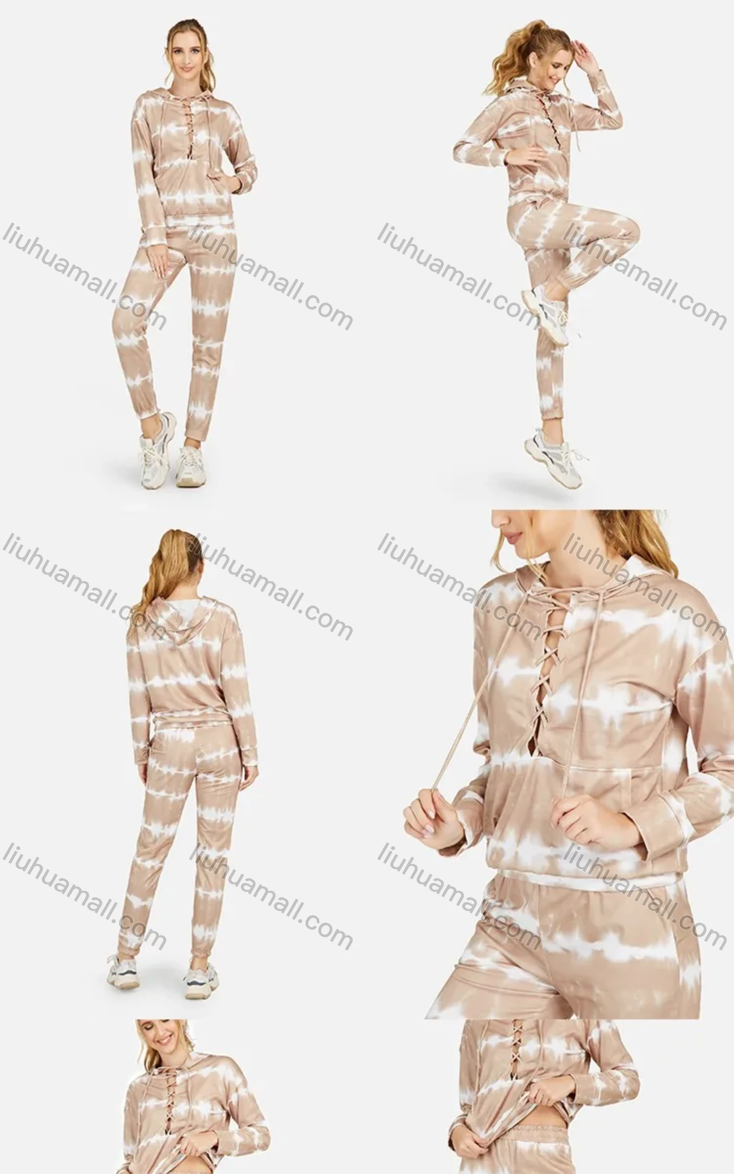 Wholesale Women's Casual Tie Dye V Neck Lace Up Kangaroo Pocket Hoodie & Drawstring Pocket Pants 2 Piece Set - Liuhuamall