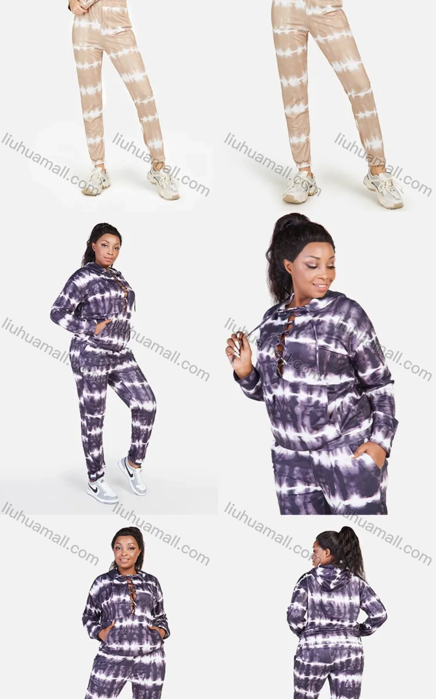 Wholesale Women's Casual Tie Dye V Neck Lace Up Kangaroo Pocket Hoodie & Drawstring Pocket Pants 2 Piece Set - Liuhuamall