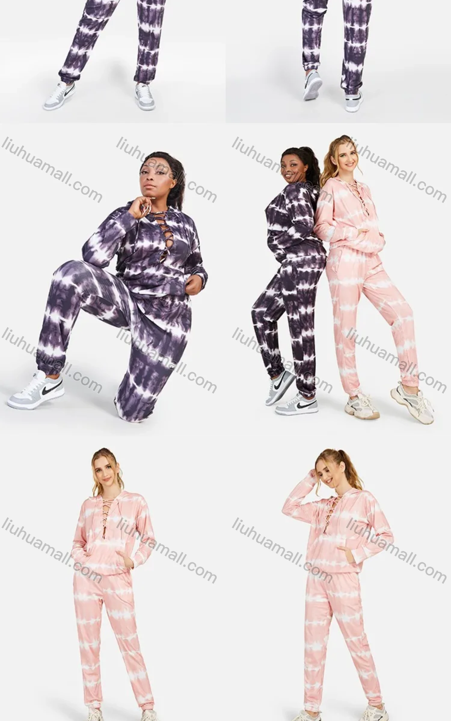 Wholesale Women's Casual Tie Dye V Neck Lace Up Kangaroo Pocket Hoodie & Drawstring Pocket Pants 2 Piece Set - Liuhuamall