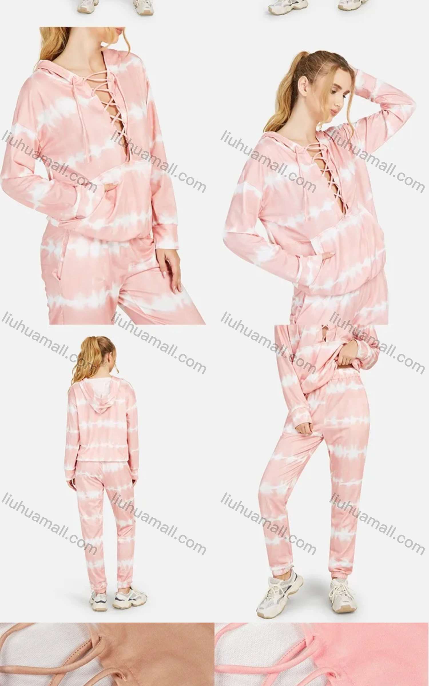 Wholesale Women's Casual Tie Dye V Neck Lace Up Kangaroo Pocket Hoodie & Drawstring Pocket Pants 2 Piece Set - Liuhuamall