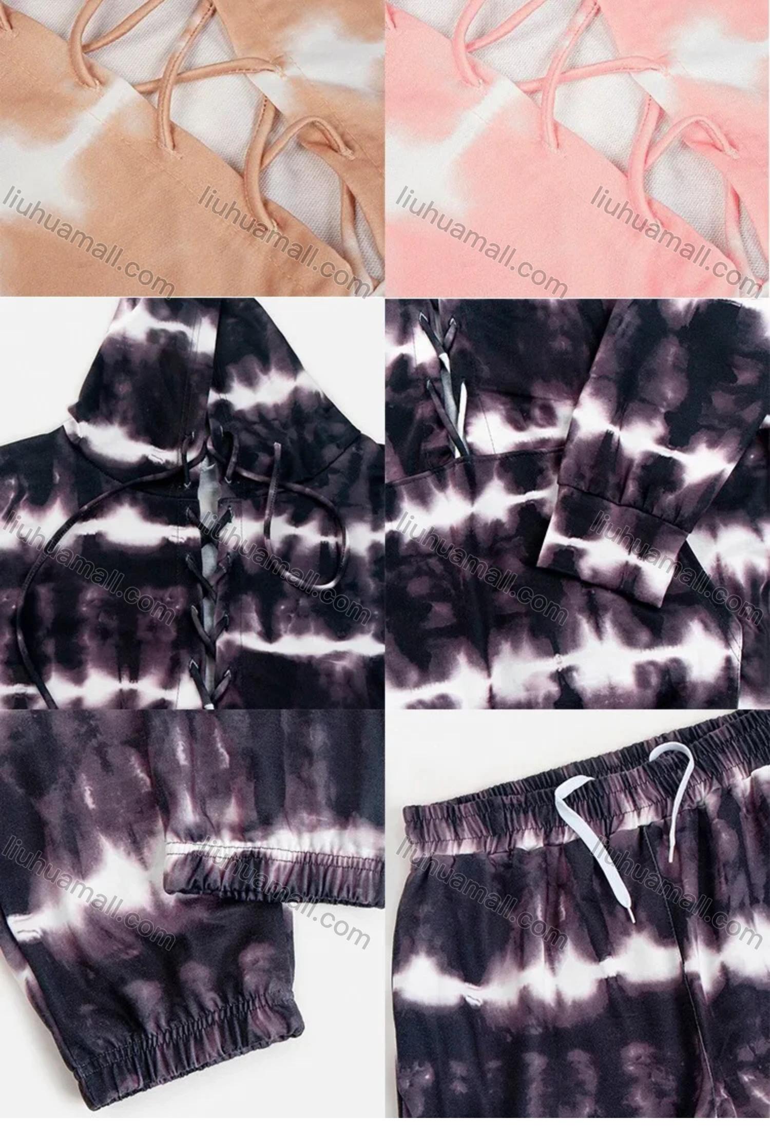 Wholesale Women's Casual Tie Dye V Neck Lace Up Kangaroo Pocket Hoodie & Drawstring Pocket Pants 2 Piece Set - Liuhuamall