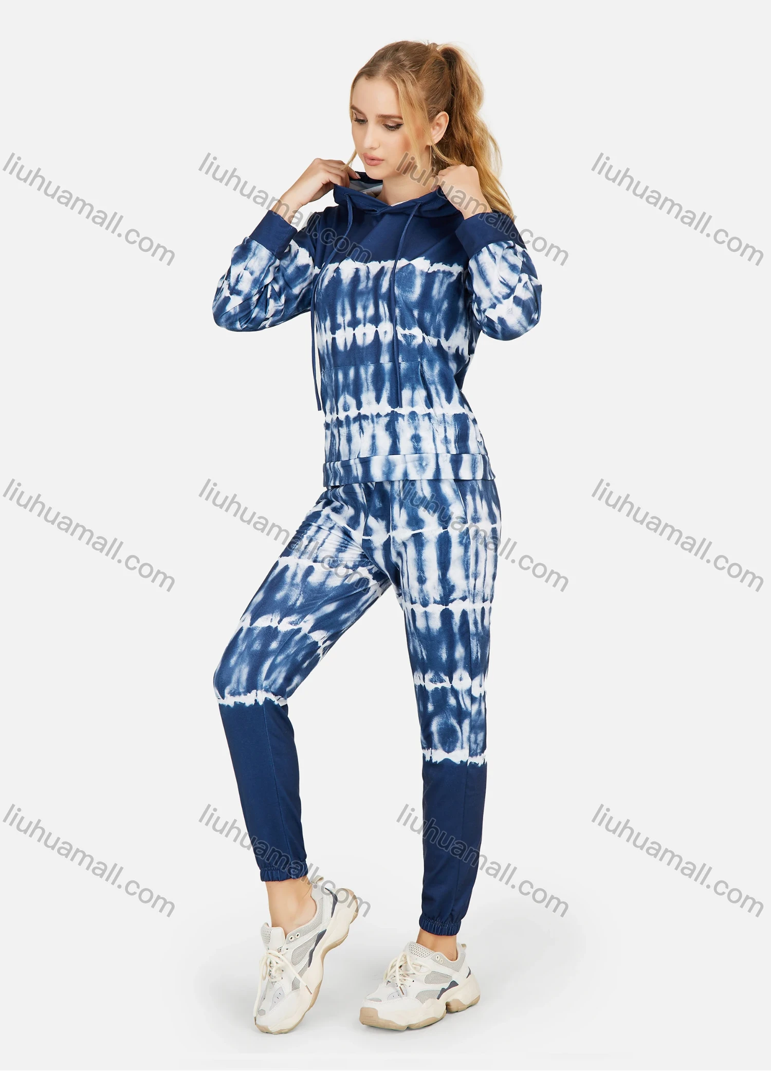 Wholesale Women's Casual Tie Dye Long Sleeve Drawstring Hoodie & Dual Pockets Pants 2 Piece Set - Liuhuamall
