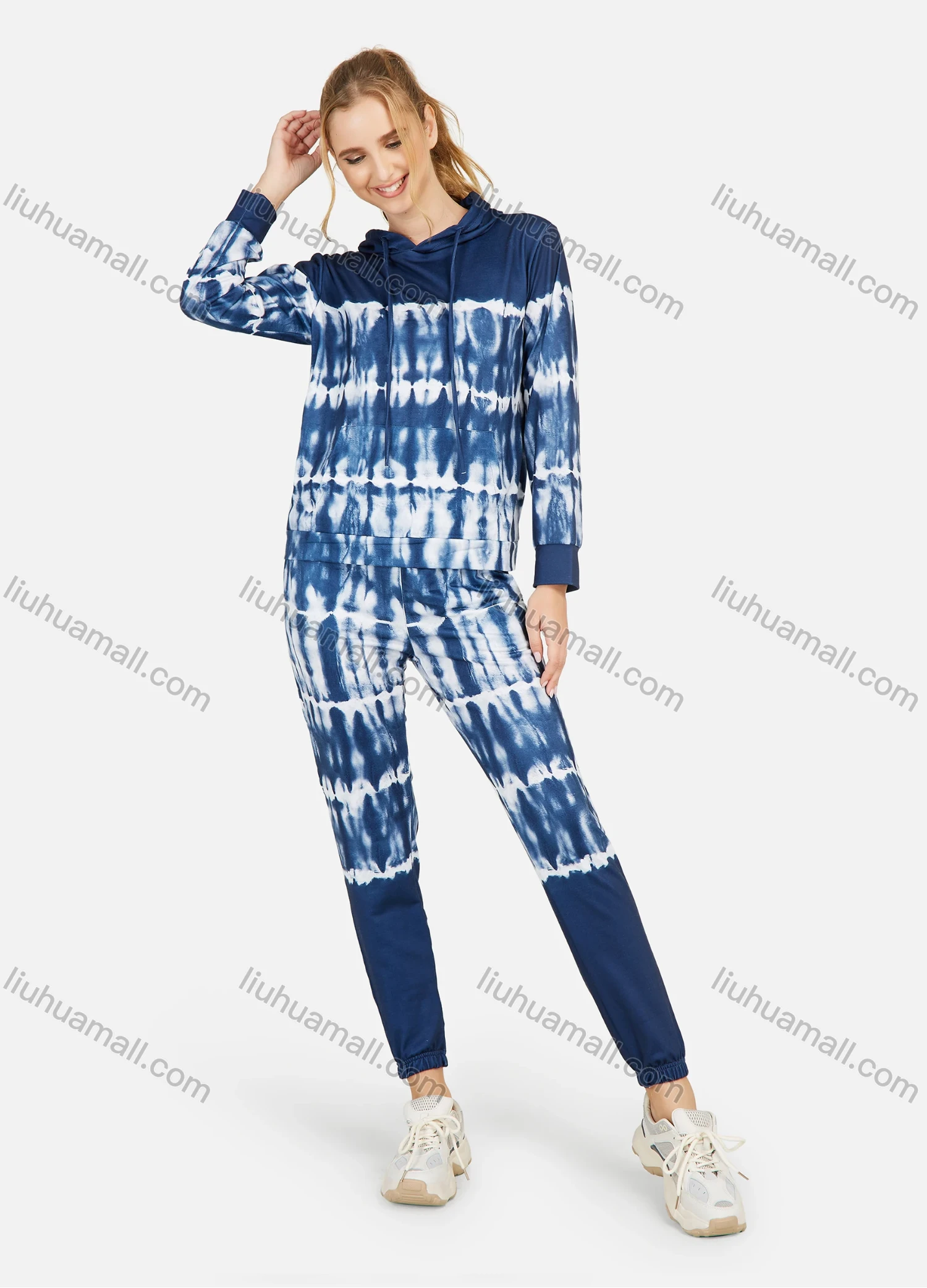 Wholesale Women's Casual Tie Dye Long Sleeve Drawstring Hoodie & Dual Pockets Pants 2 Piece Set - Liuhuamall