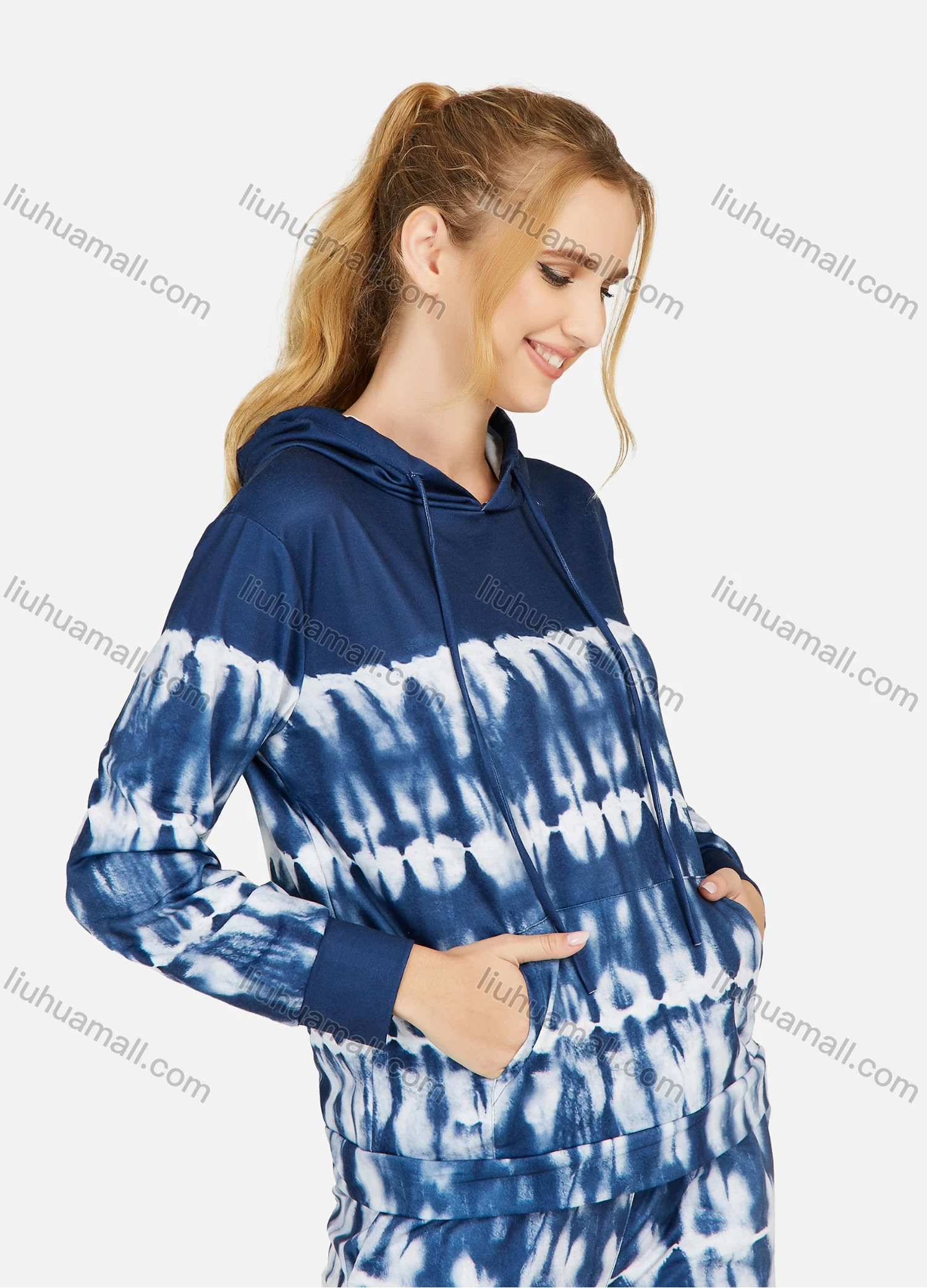 Wholesale Women's Casual Tie Dye Long Sleeve Drawstring Hoodie & Dual Pockets Pants 2 Piece Set - Liuhuamall