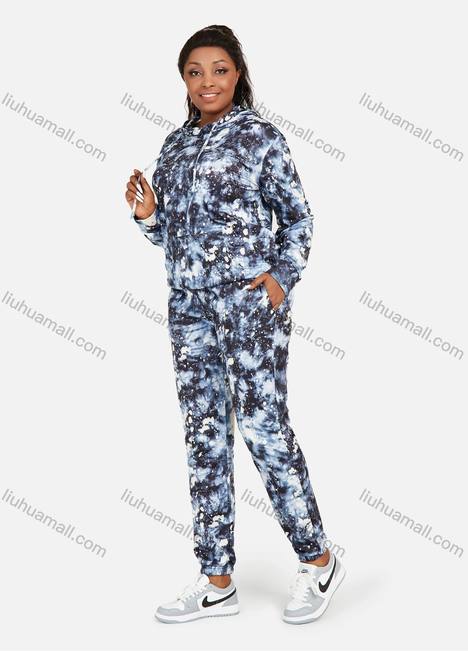 Wholesale Women's Casual Ink Splash Tie Dye Long Sleeve Drawstring Hoodie & Dual Pockets Pants 2 Piece Set - Liuhuamall