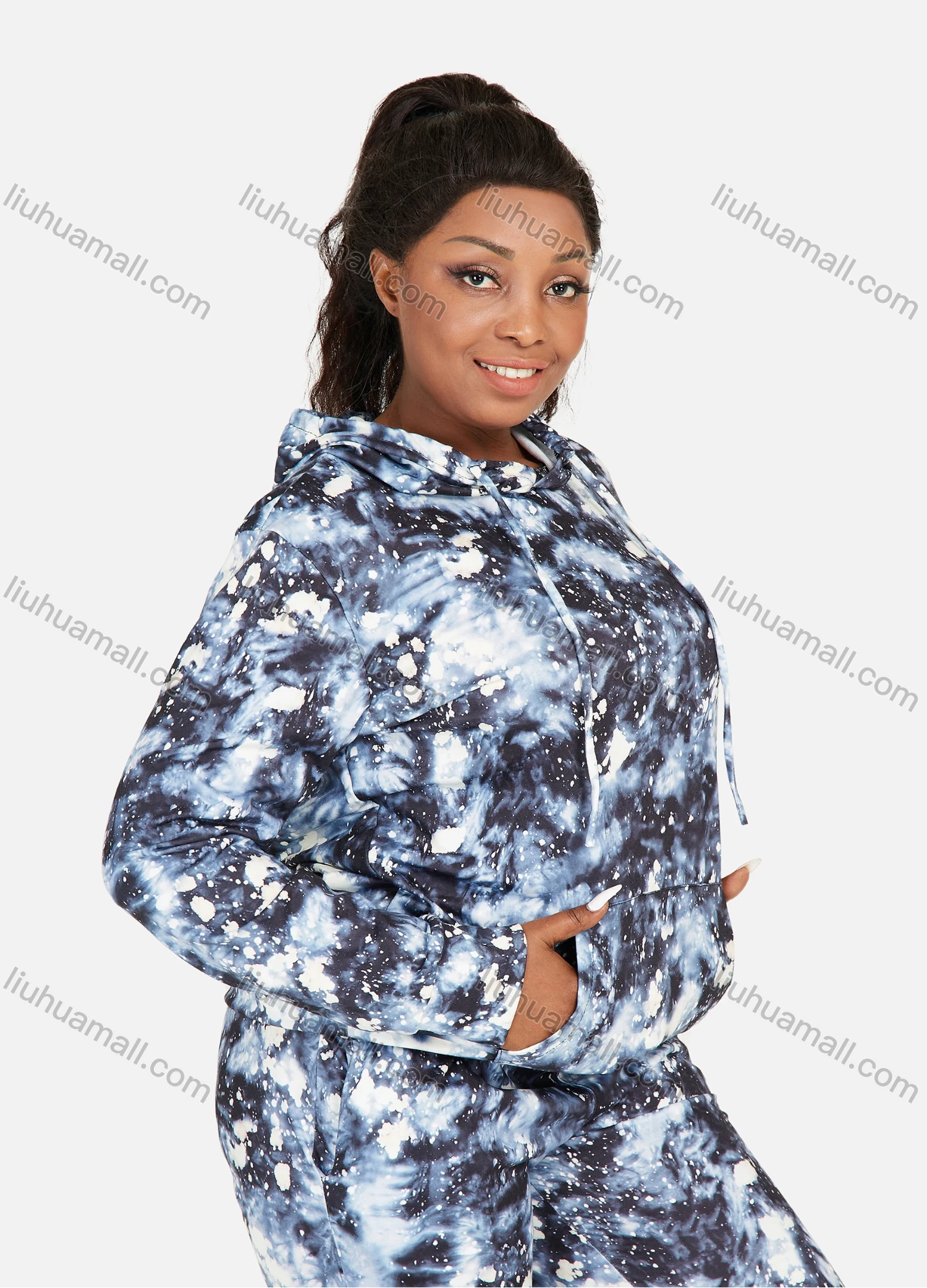 Wholesale Women's Casual Ink Splash Tie Dye Long Sleeve Drawstring Hoodie & Dual Pockets Pants 2 Piece Set - Liuhuamall