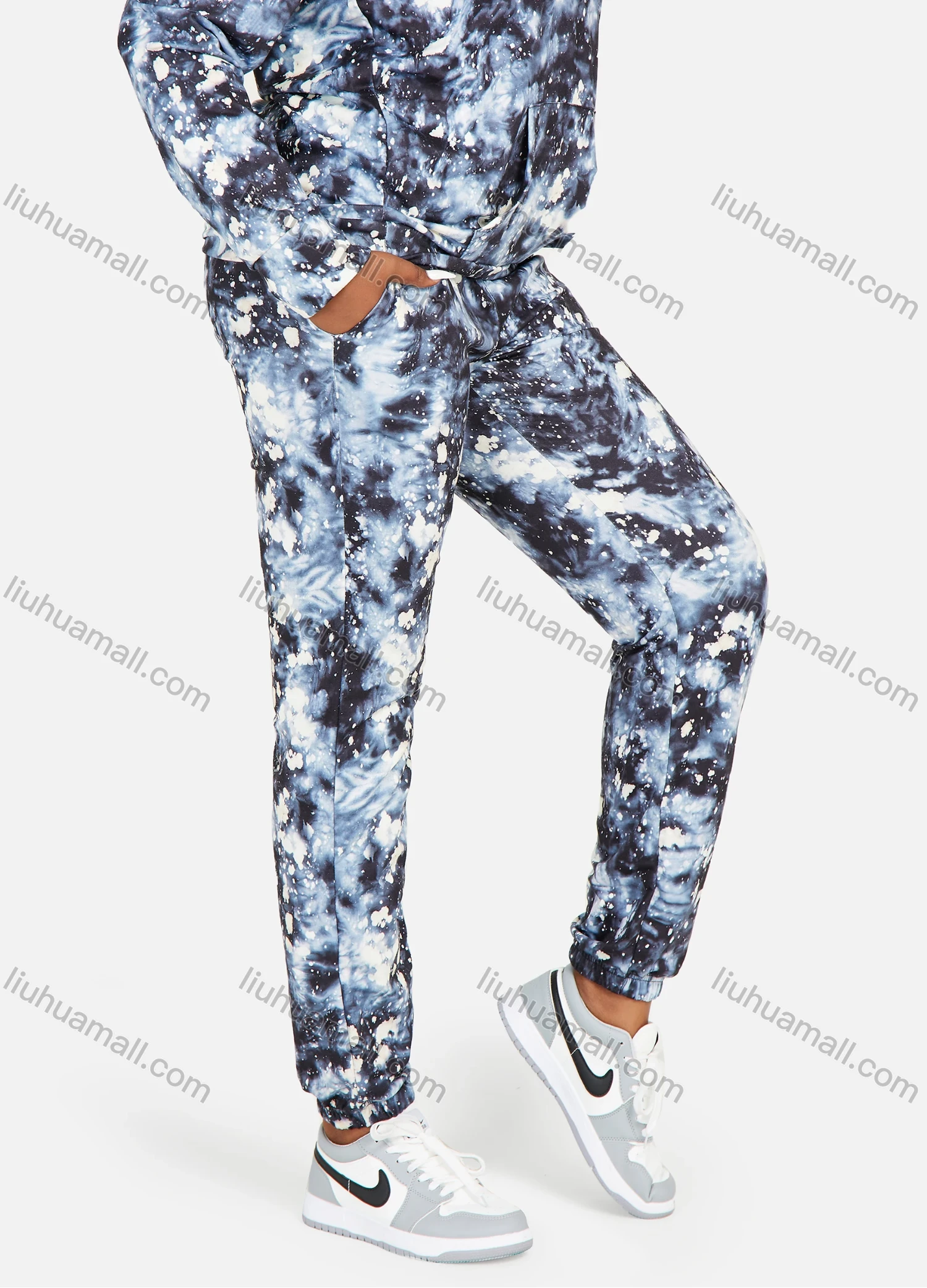 Wholesale Women's Casual Ink Splash Tie Dye Long Sleeve Drawstring Hoodie & Dual Pockets Pants 2 Piece Set - Liuhuamall