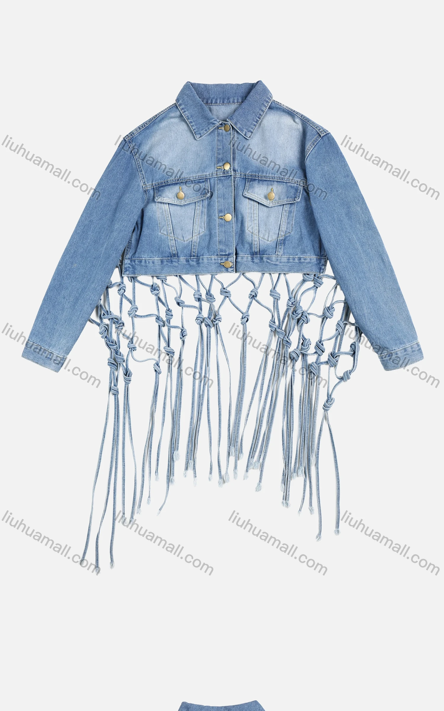 Wholesale Women's Fashion Plain Button Up Collared Long Sleeve Double Pocket Grid Tassel Denim Jacket - Liuhuamall