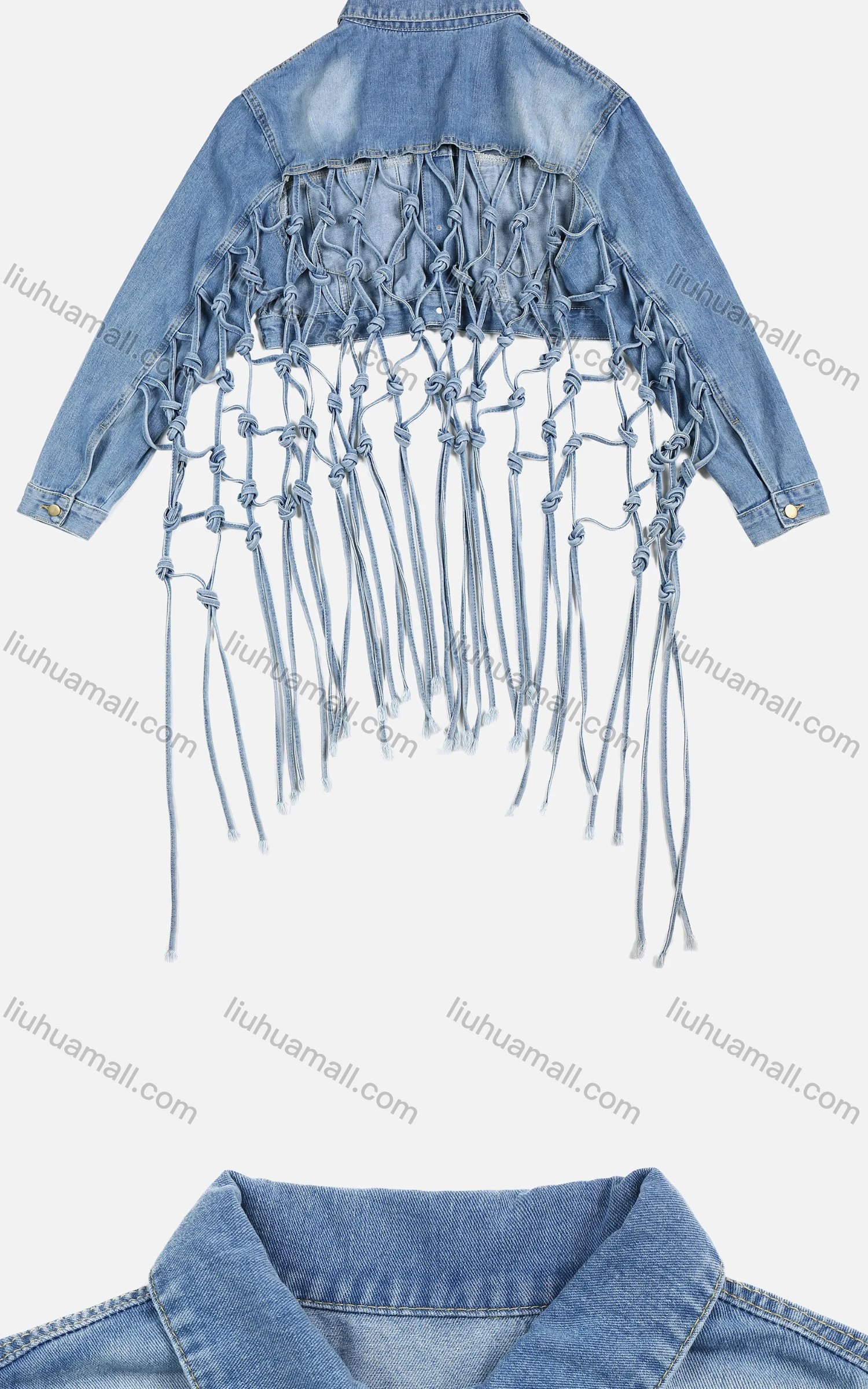 Wholesale Women's Fashion Plain Button Up Collared Long Sleeve Double Pocket Grid Tassel Denim Jacket - Liuhuamall