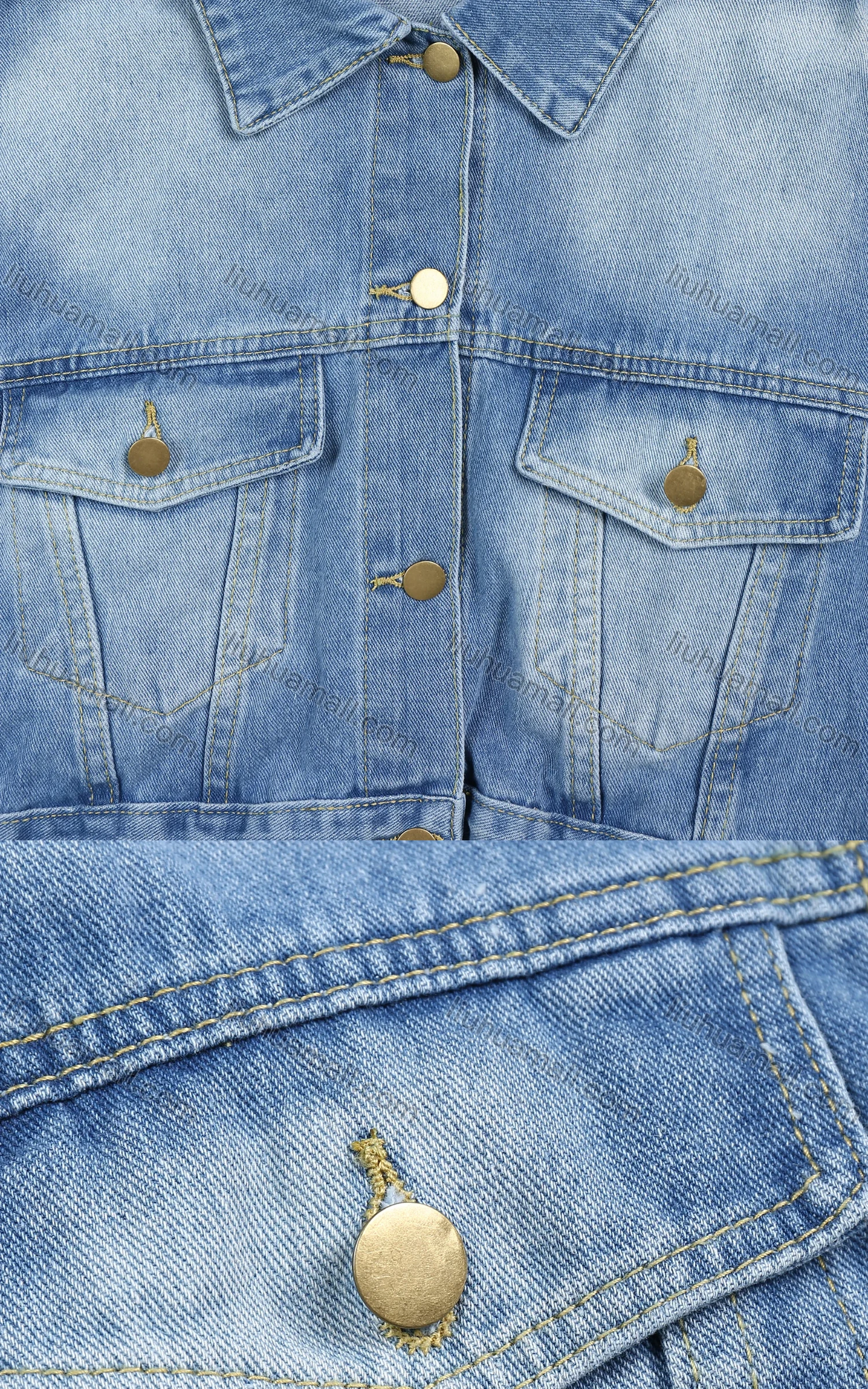 Wholesale Women's Fashion Plain Button Up Collared Long Sleeve Double Pocket Grid Tassel Denim Jacket - Liuhuamall