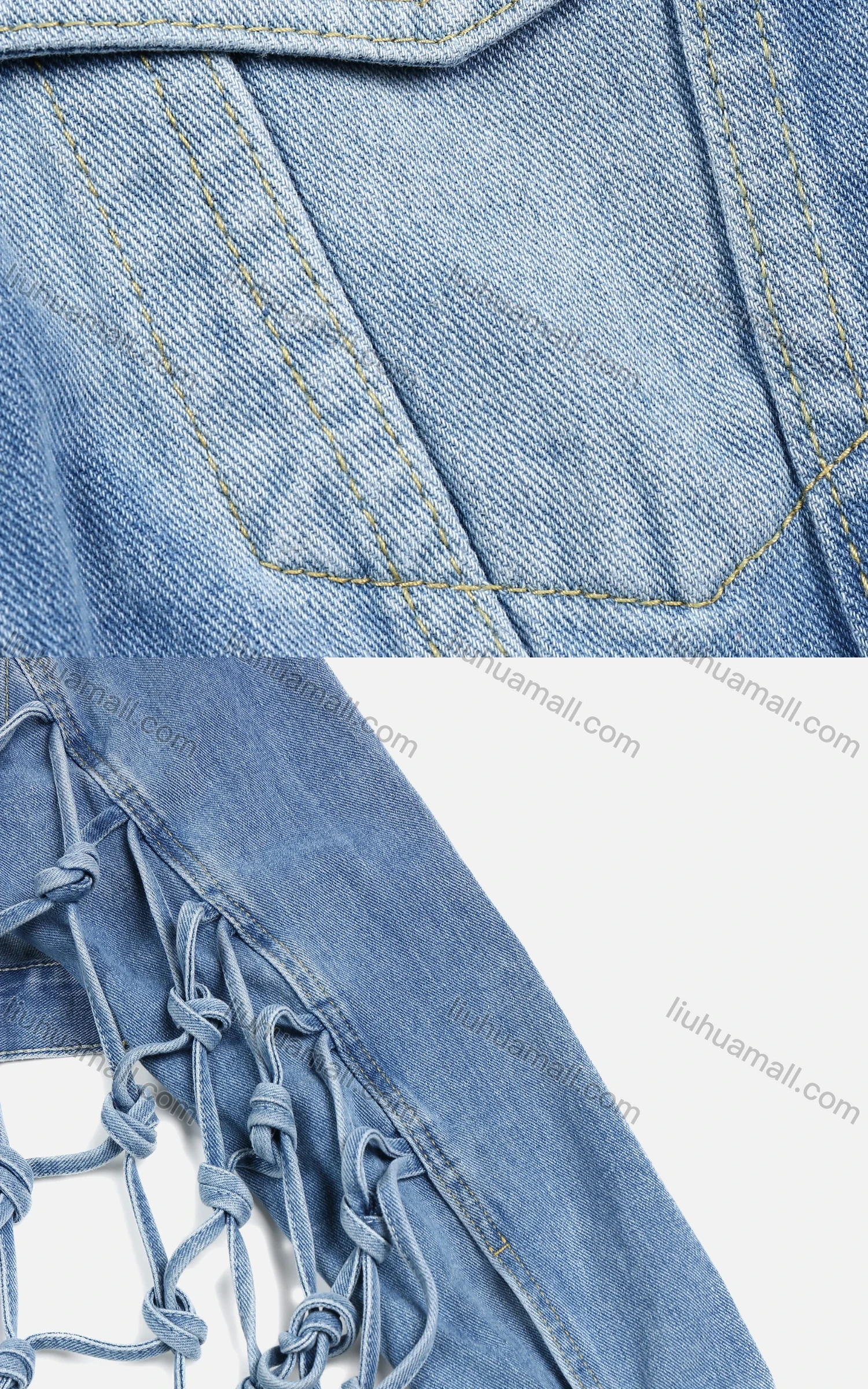 Wholesale Women's Fashion Plain Button Up Collared Long Sleeve Double Pocket Grid Tassel Denim Jacket - Liuhuamall