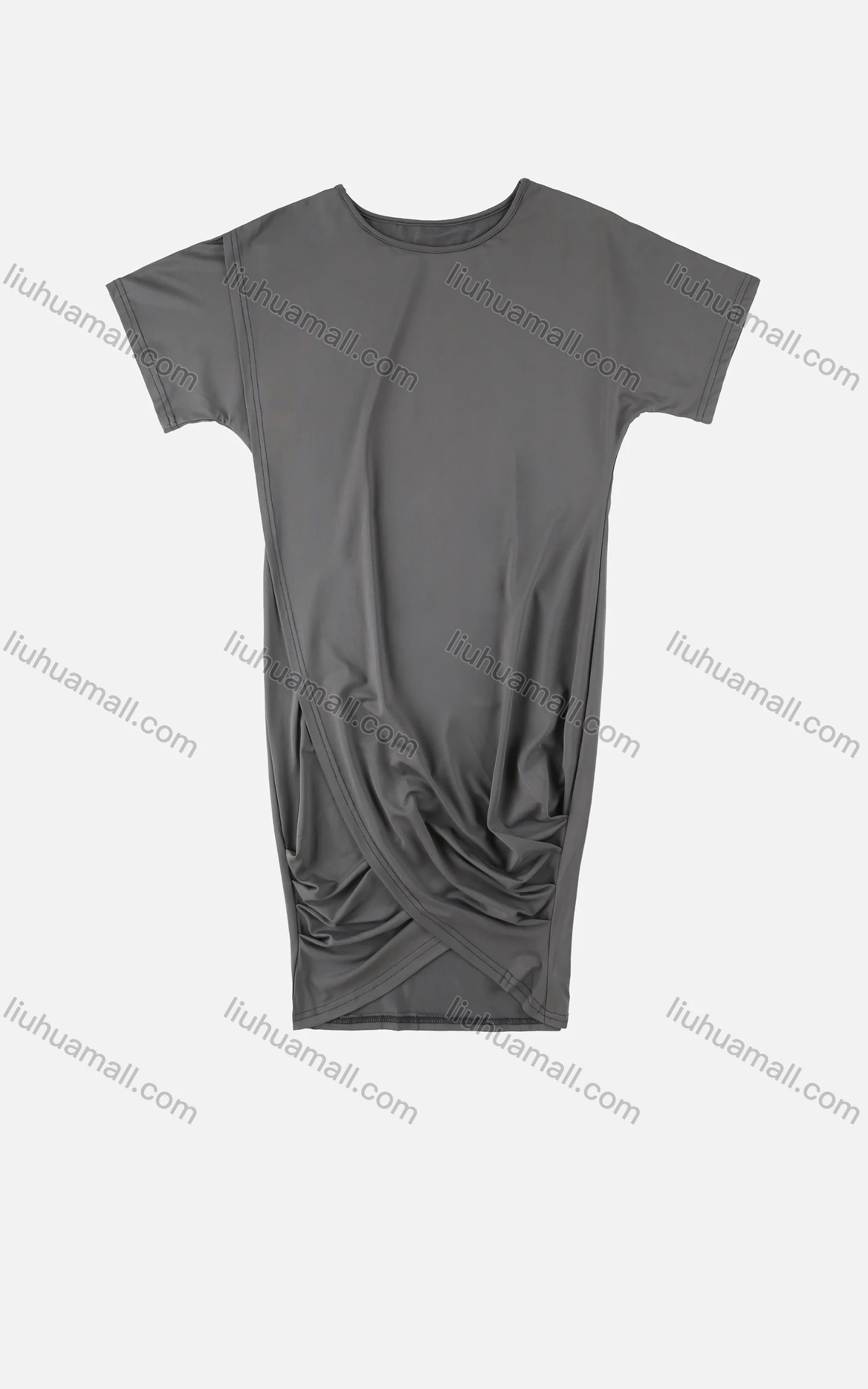 Wholesale Women's Summer Plain Round Neck Short Sleeve Ruched Asymmetrical Hem Short Dress - Liuhuamall