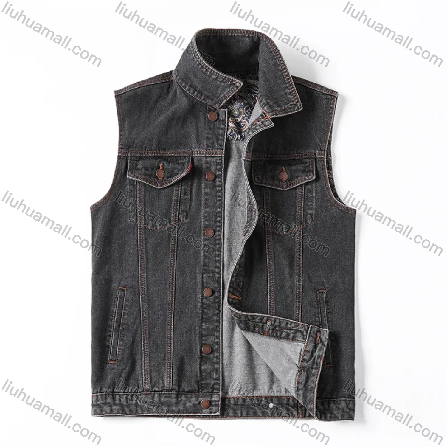 Wholesale Men's Plus Size Outerwear Light Wash Pockets Casual Button Down Denim Vest Jacket - Liuhuamall