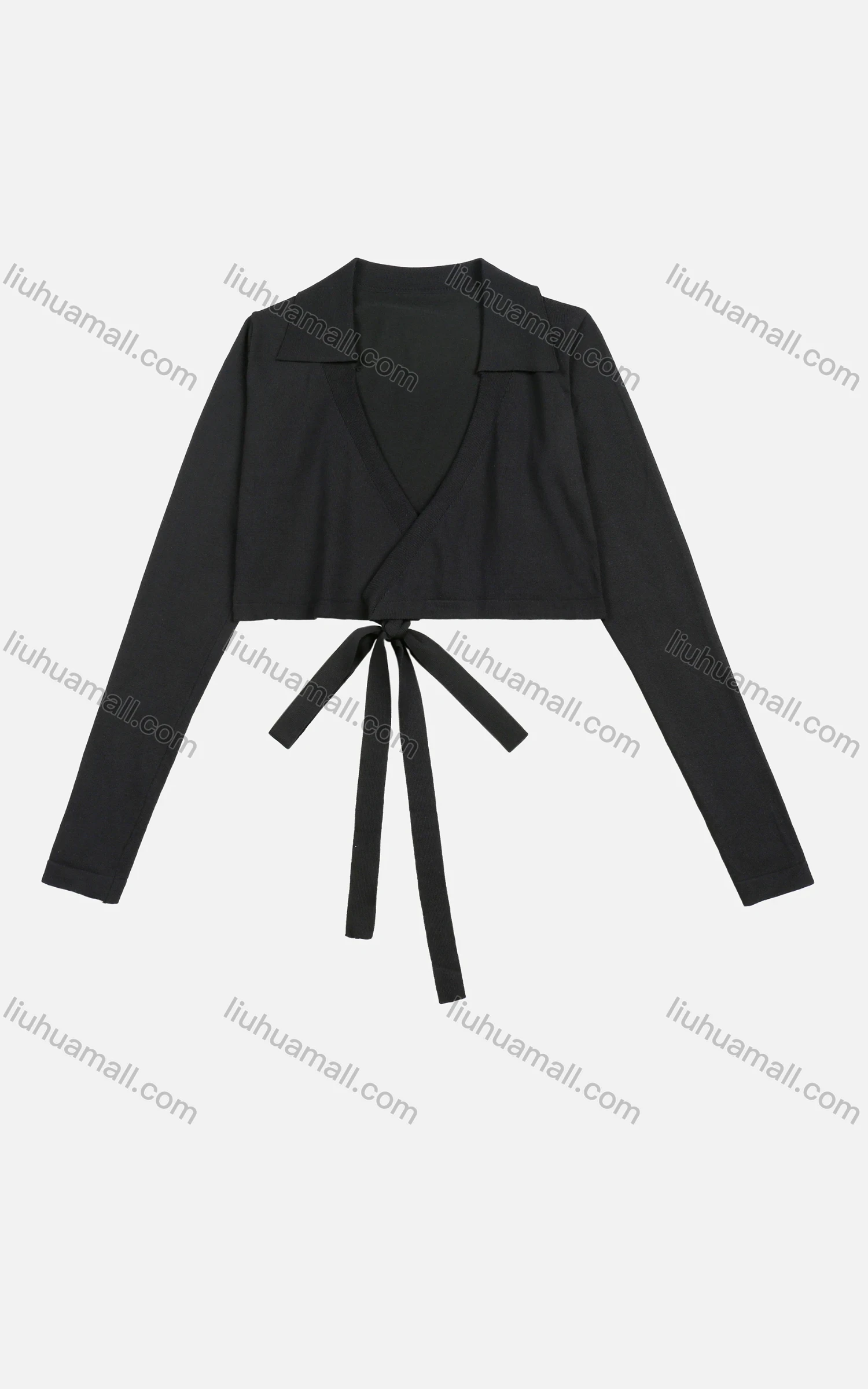 Wholesale Women's Casual Deep V Neck Plain Long Sleeve Tie Front Crop Tops - Liuhuamall