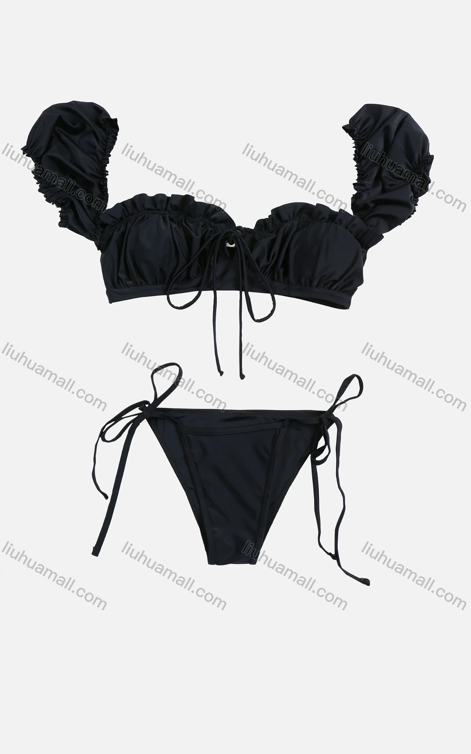 Wholesale Women's Summer Plain Lace up Ruffle Trim Ruched Sexy Bikini Beach Swimwear - Liuhuamall