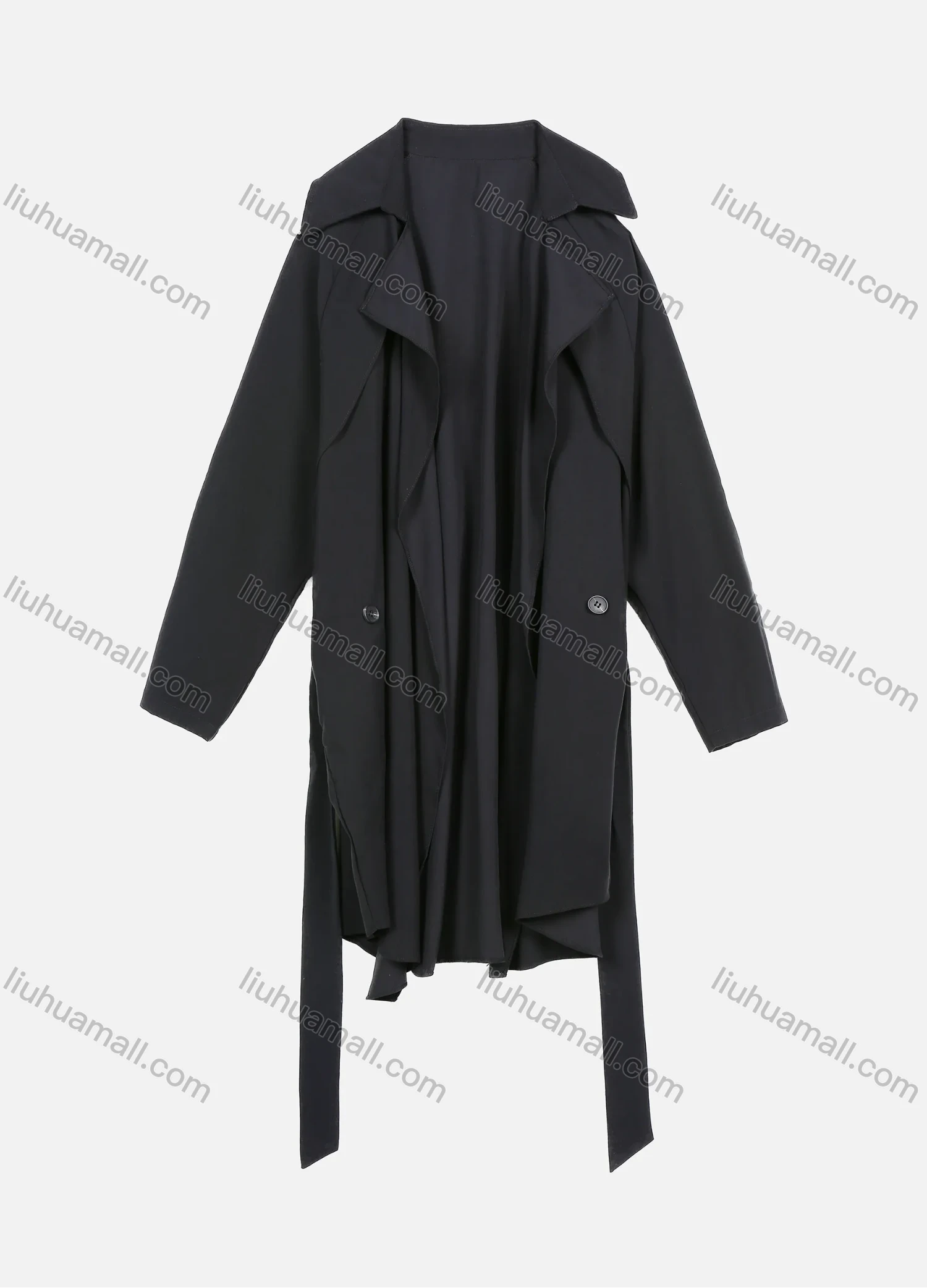Wholesale Women's Casual Plain Lapel Belted Asymmetrical Hem Trench Coat - Liuhuamall