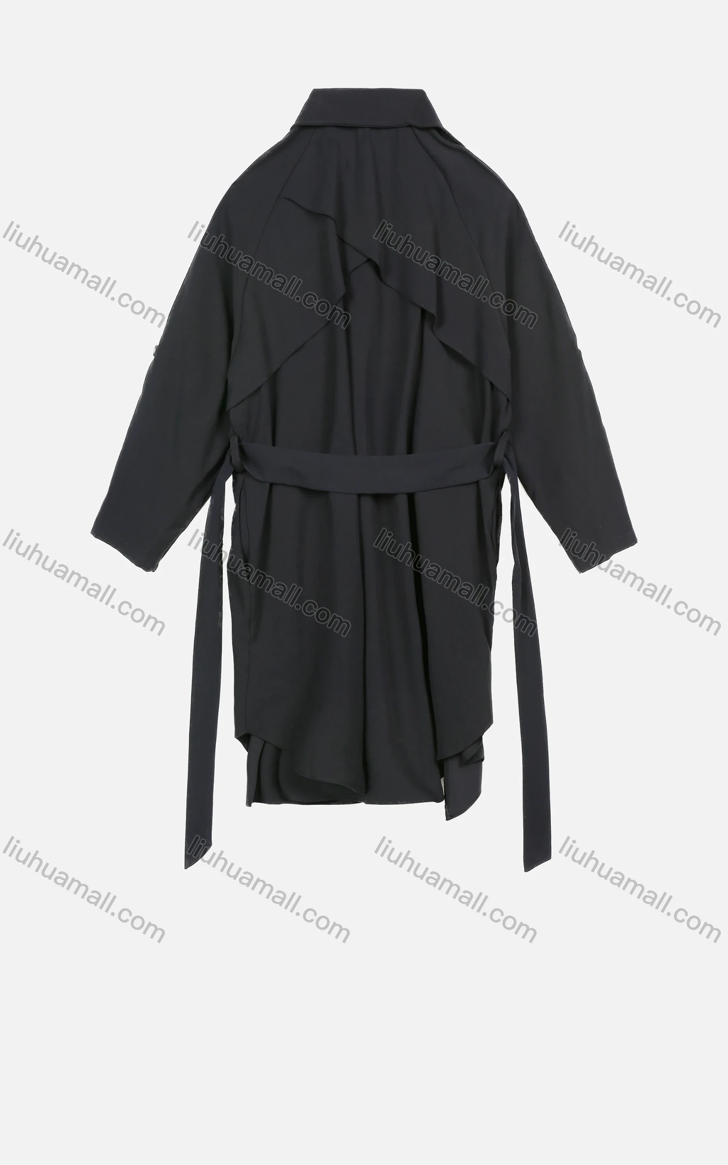 Wholesale Women's Casual Plain Lapel Belted Asymmetrical Hem Trench Coat - Liuhuamall