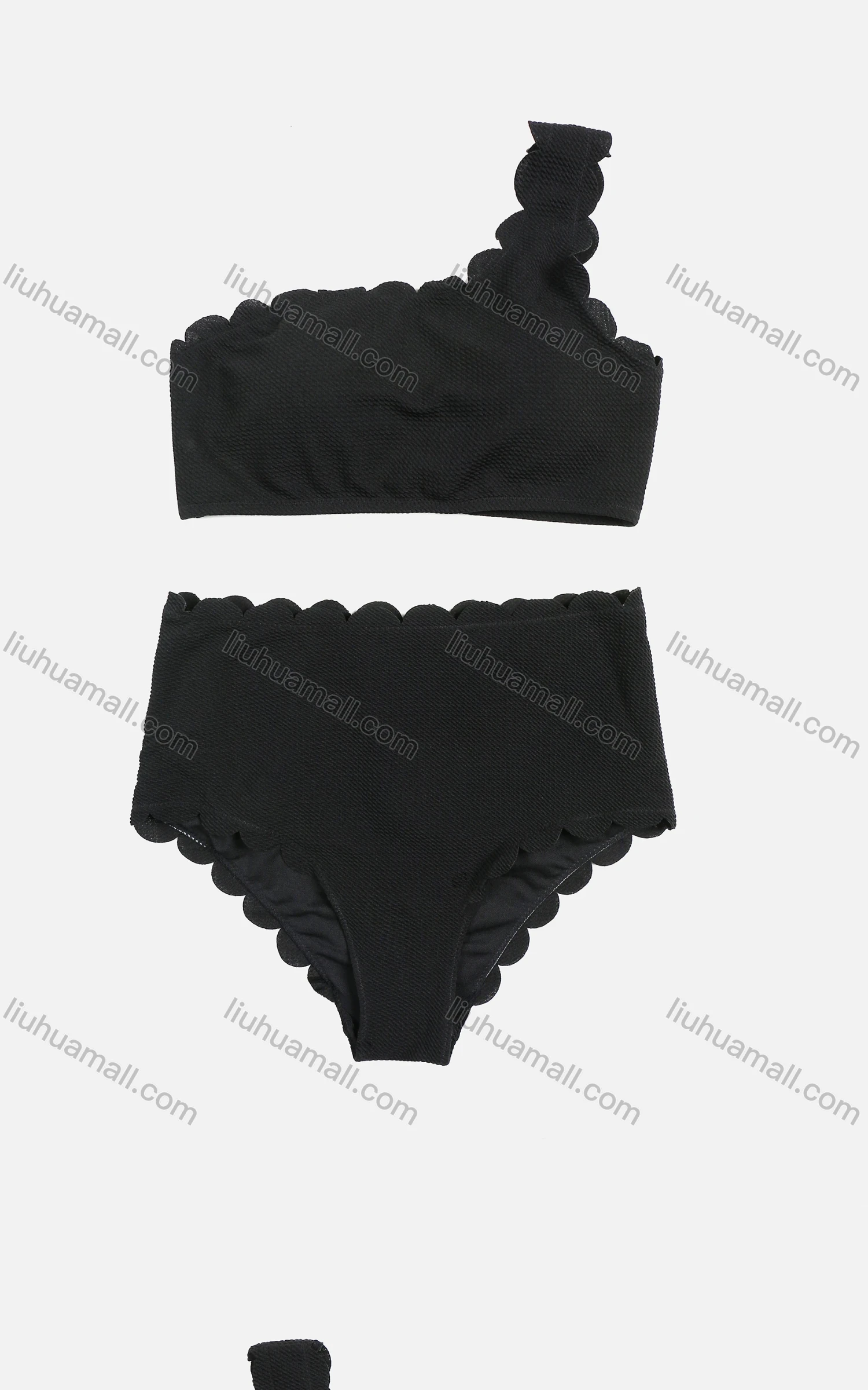 Wholesale Women's Plain One Shoulder Scalloped Trim High Waist Beach Swimsuit - Liuhuamall