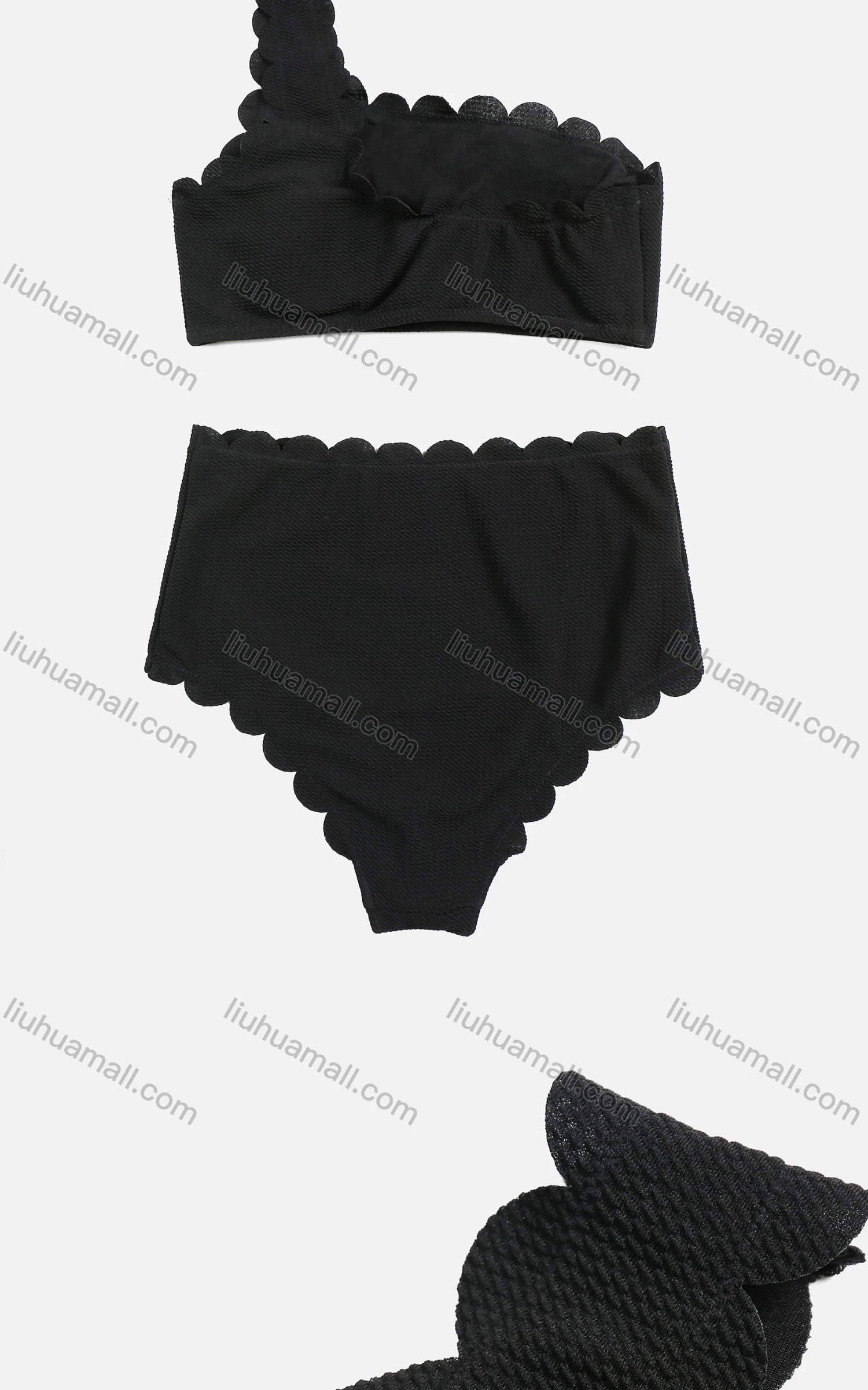 Wholesale Women's Plain One Shoulder Scalloped Trim High Waist Beach Swimsuit - Liuhuamall
