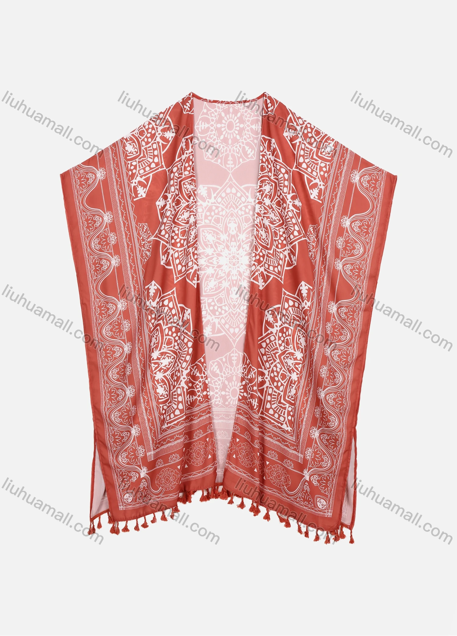 Wholesale Women's Vintage Print Open Front Fringe Trim Cover Up Cardigan - Liuhuamall