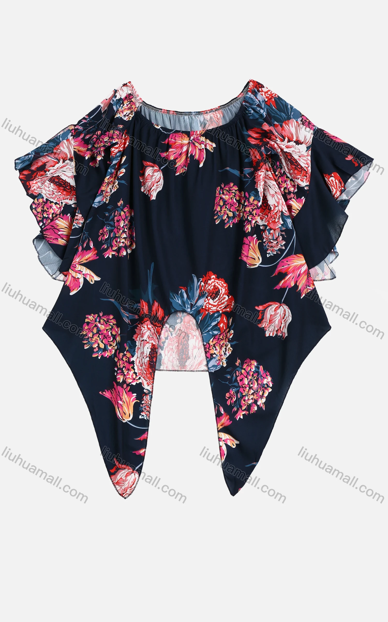 Wholesale Women's Summer Flower Print Crew Neck Asymmetrical Hem Ruffle Sleeve Top - Liuhuamall
